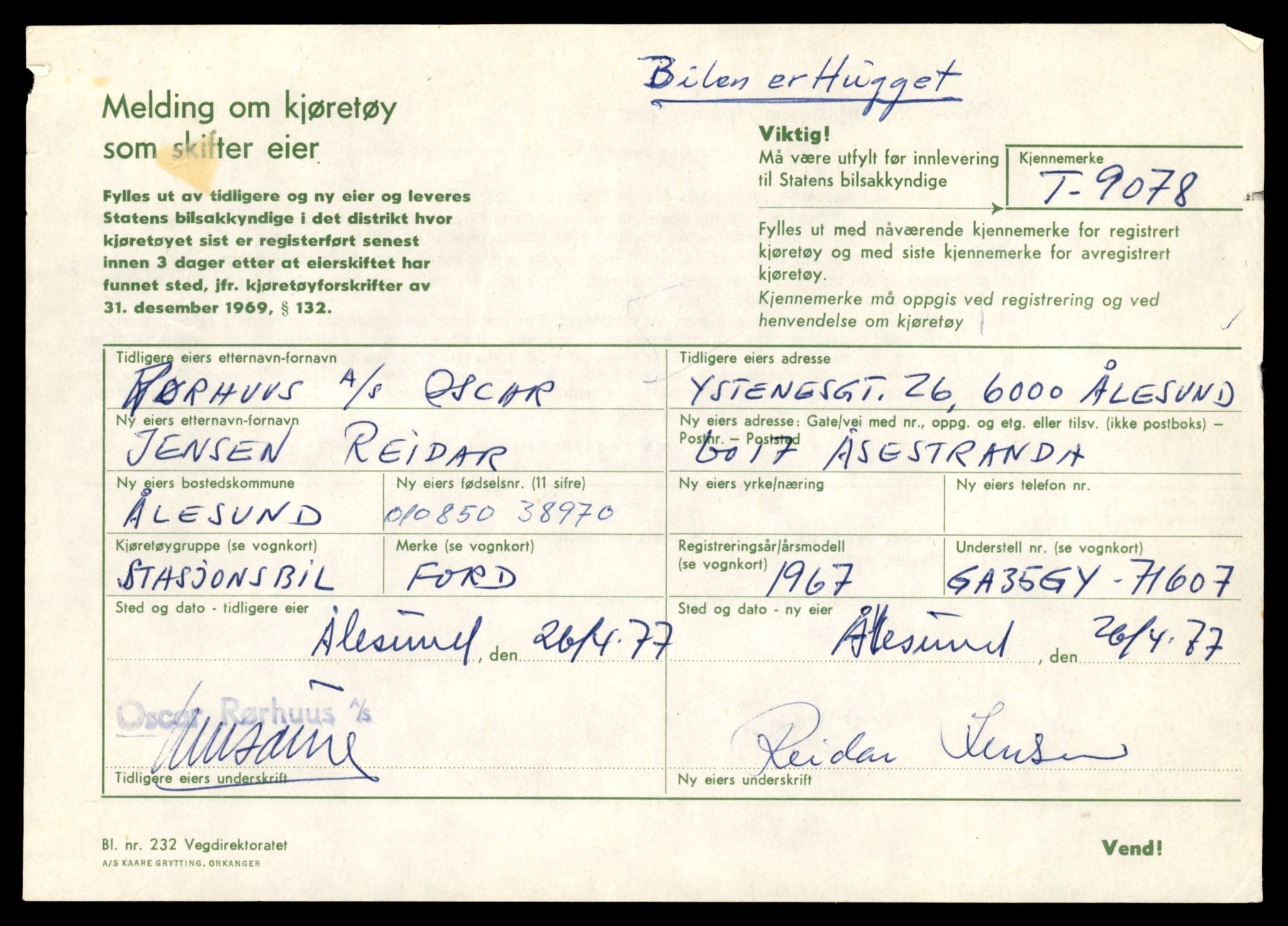 Møre og Romsdal vegkontor - Ålesund trafikkstasjon, SAT/A-4099/F/Fe/L0017: Registreringskort for kjøretøy T 1985 - T 10090, 1927-1998, s. 901