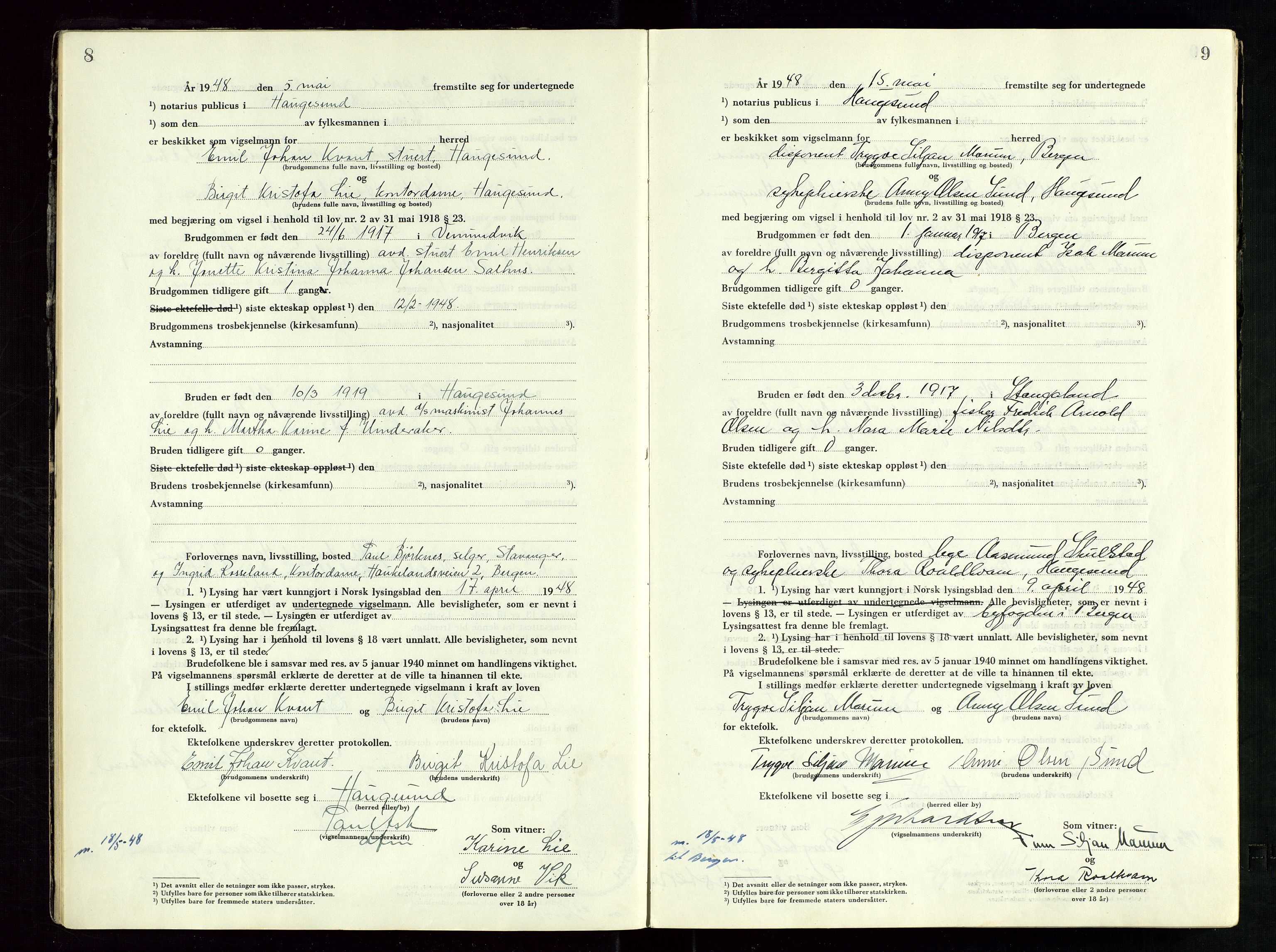 Haugesund tingrett, AV/SAST-A-101415/01/III/IIID/L0006: Vigselbok, 1948-1956, s. 8-9
