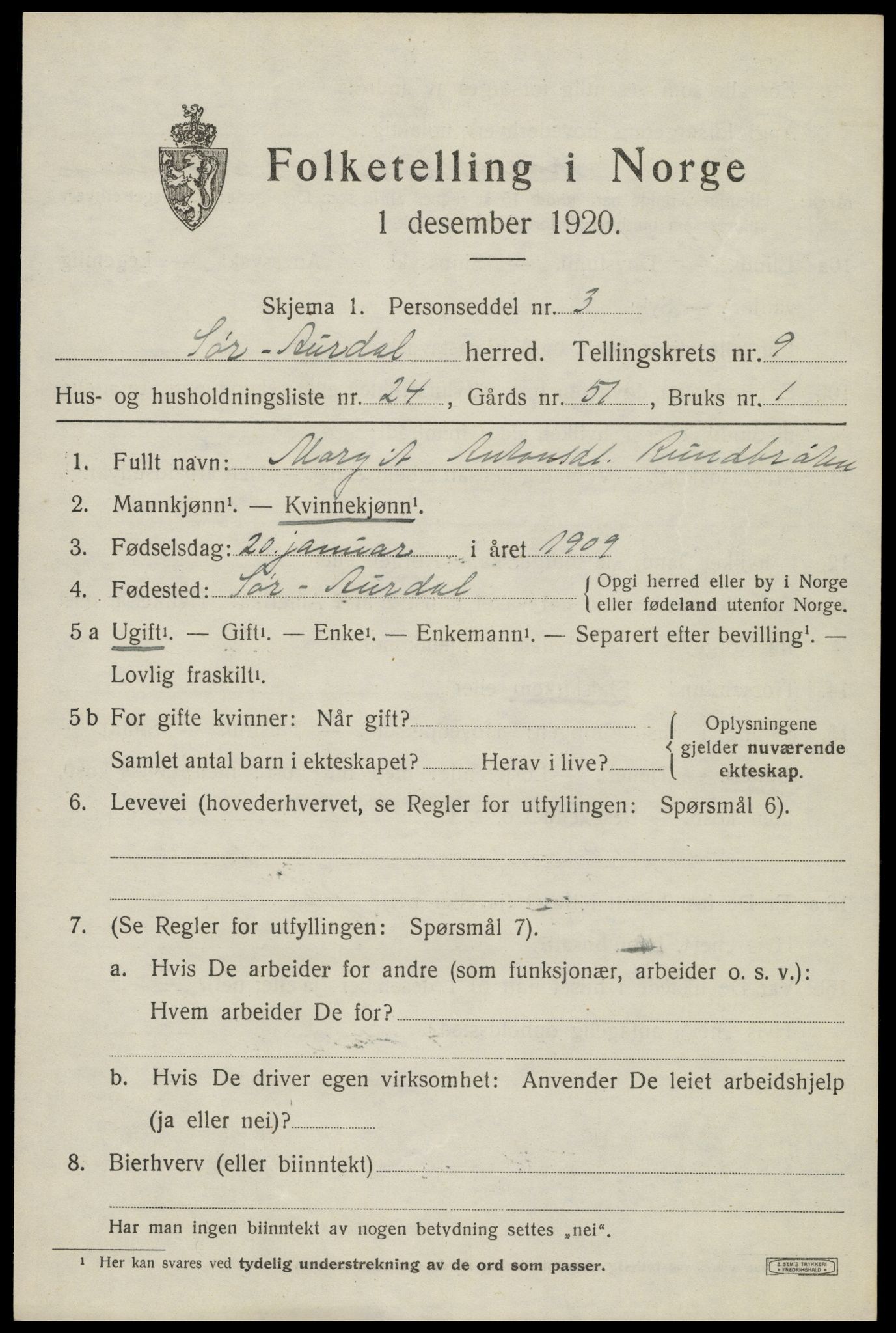 SAH, Folketelling 1920 for 0540 Sør-Aurdal herred, 1920, s. 5715