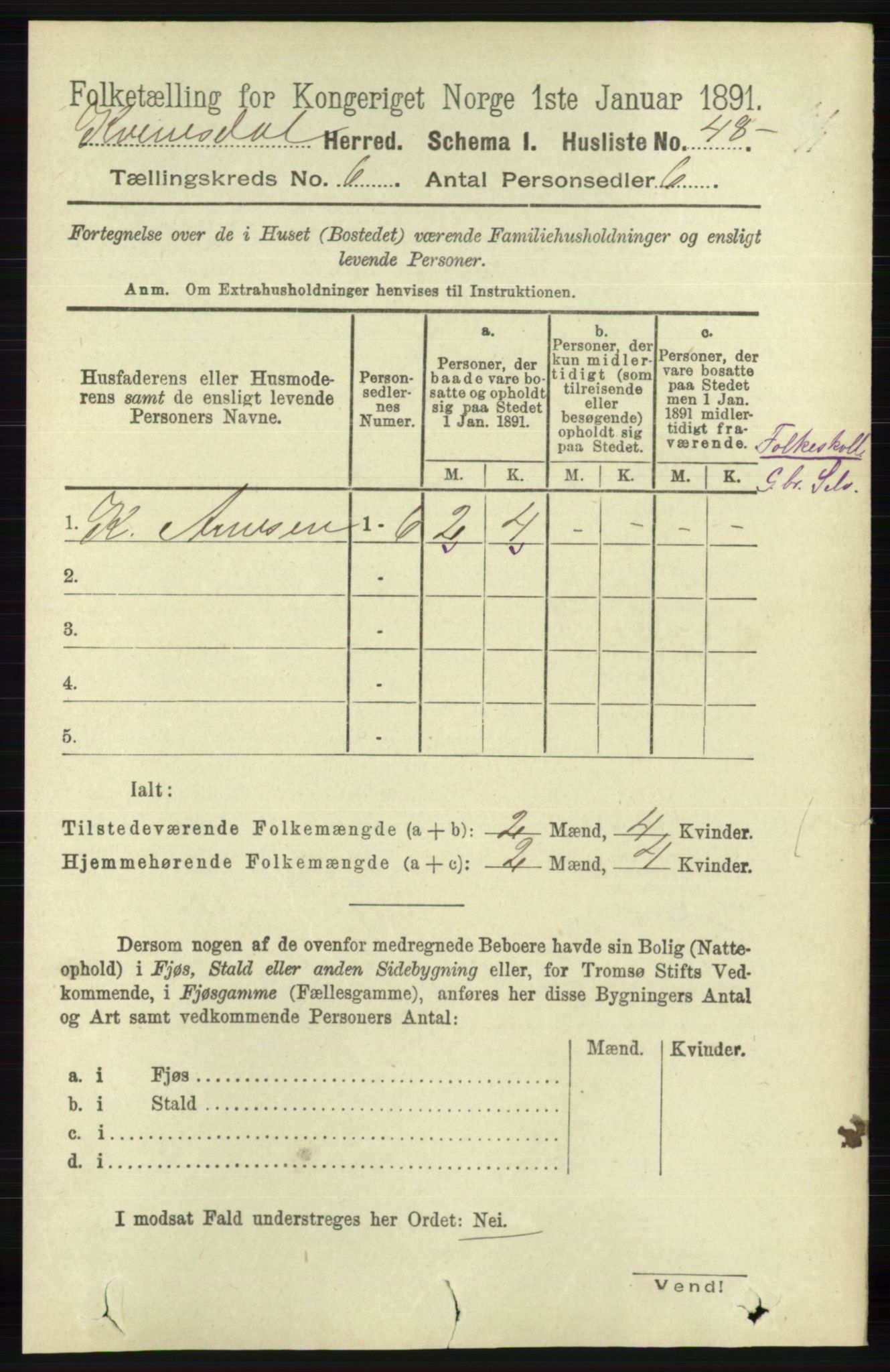 RA, Folketelling 1891 for 1037 Kvinesdal herred, 1891, s. 2098