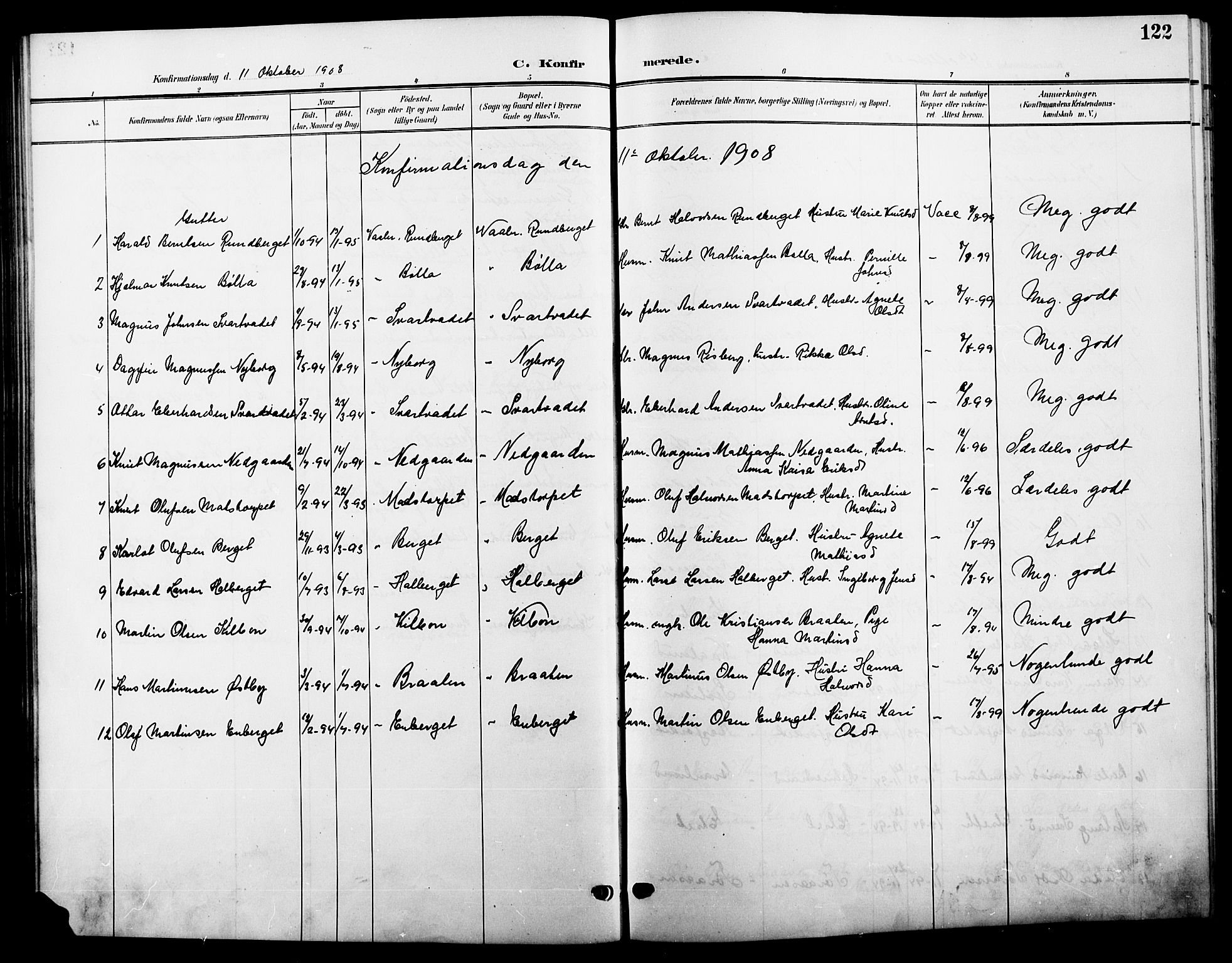 Våler prestekontor, Hedmark, AV/SAH-PREST-040/H/Ha/Hab/L0002: Klokkerbok nr. 2, 1905-1915, s. 122