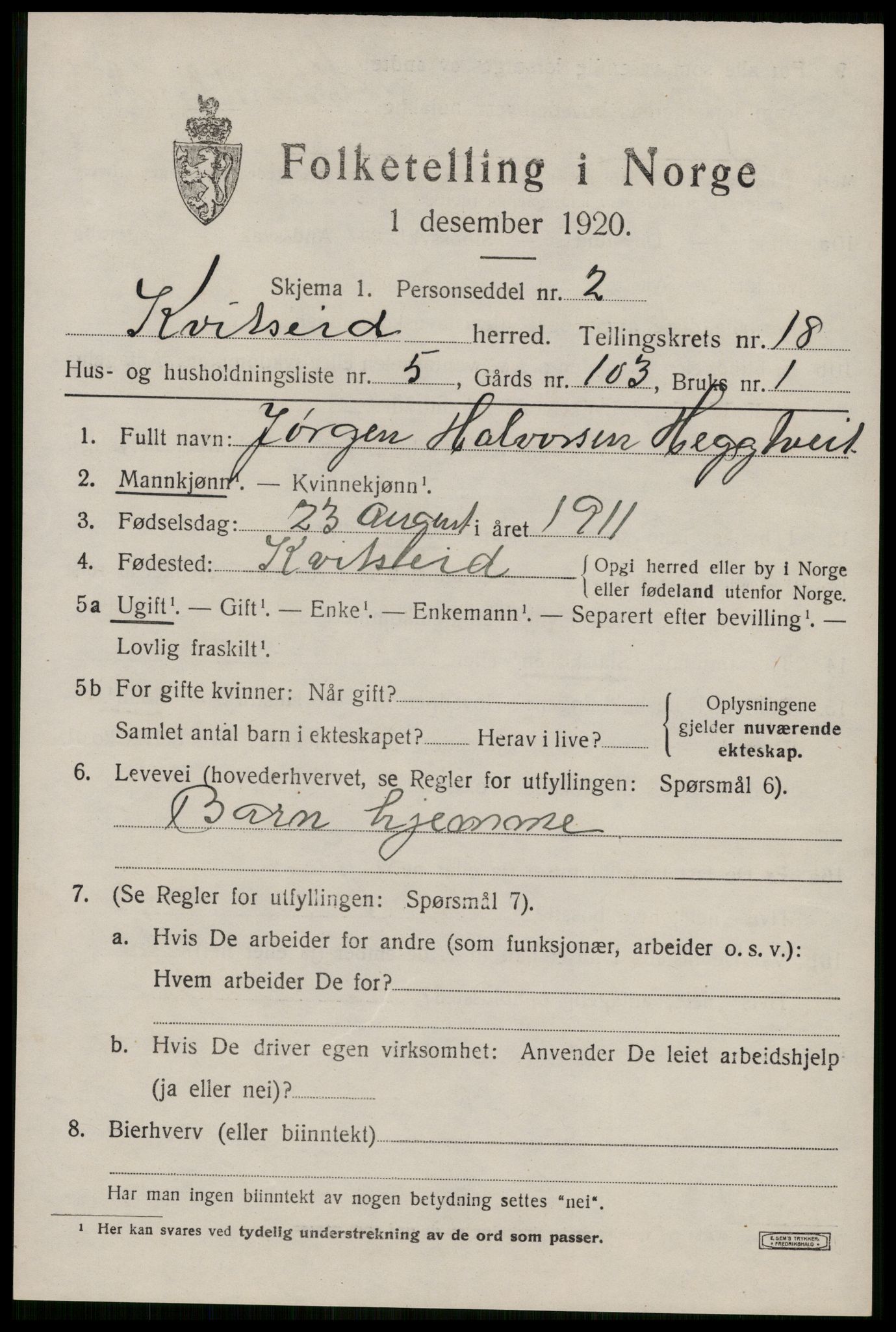 SAKO, Folketelling 1920 for 0829 Kviteseid herred, 1920, s. 8127