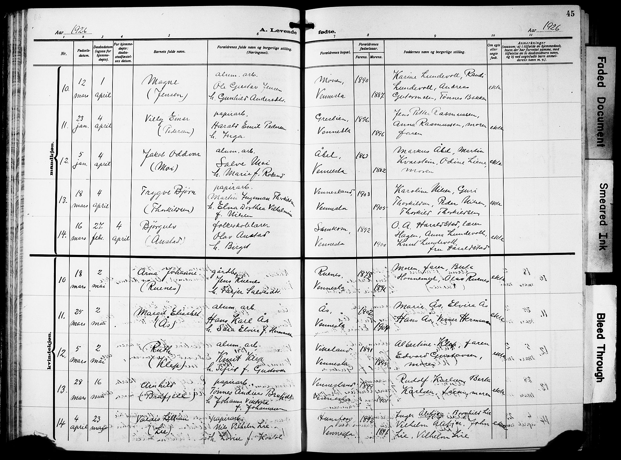 Vennesla sokneprestkontor, AV/SAK-1111-0045/Fb/Fbb/L0007: Klokkerbok nr. B 7, 1922-1933, s. 45