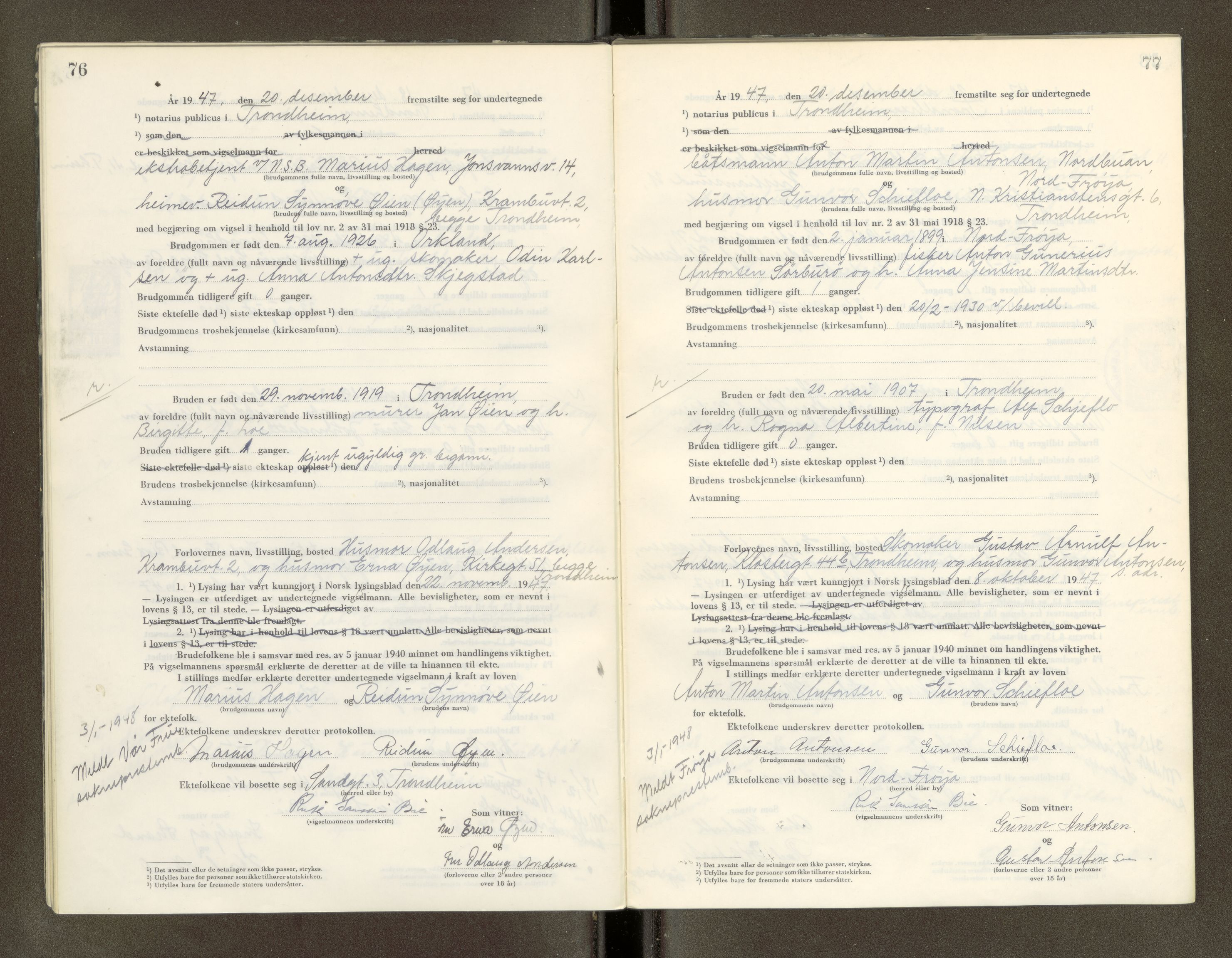 Trondheim byfogd, AV/SAT-A-0003/1/6/6D/L0005: Vigselbøker, 1944-1948, s. 76-77