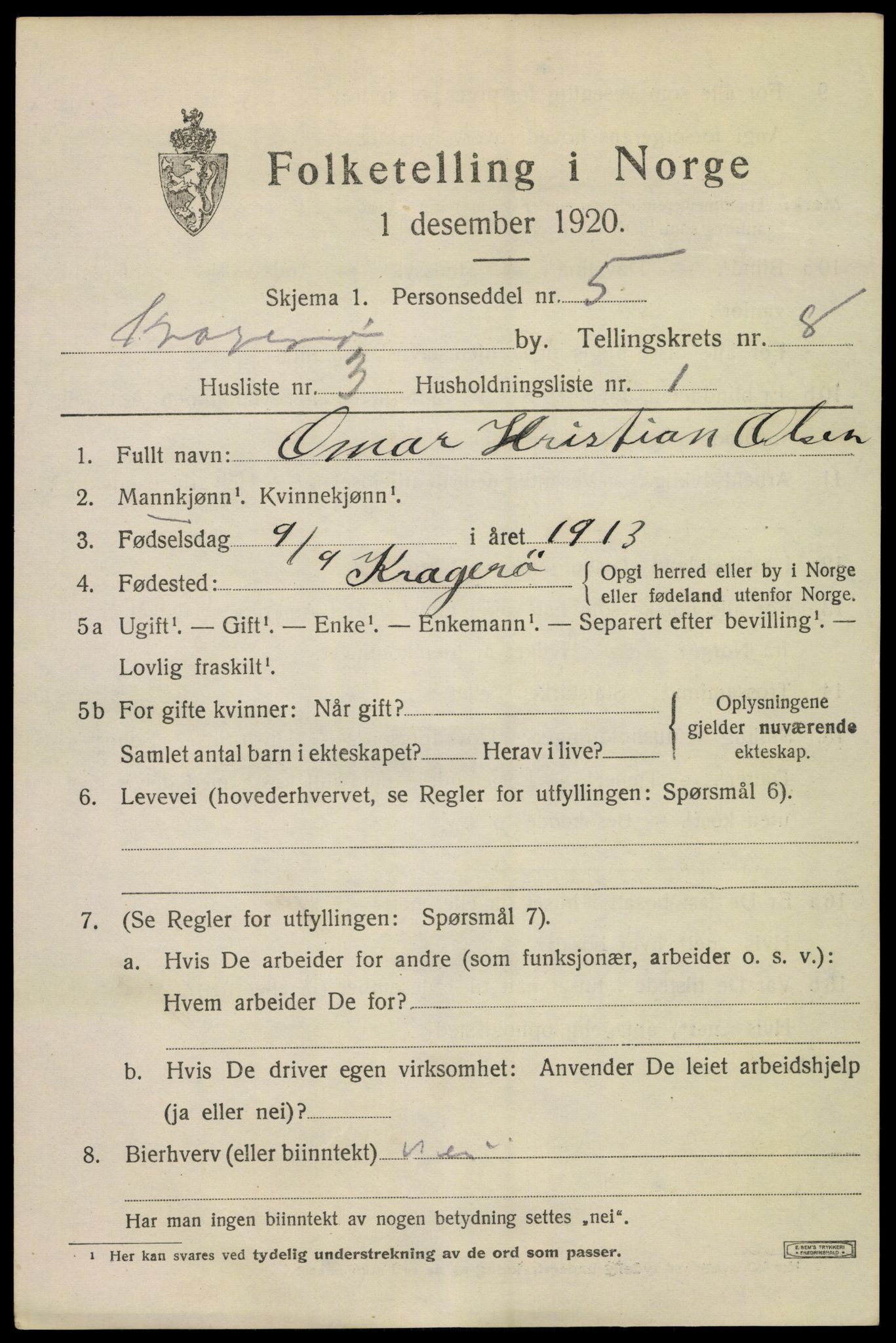 SAKO, Folketelling 1920 for 0801 Kragerø kjøpstad, 1920, s. 11115