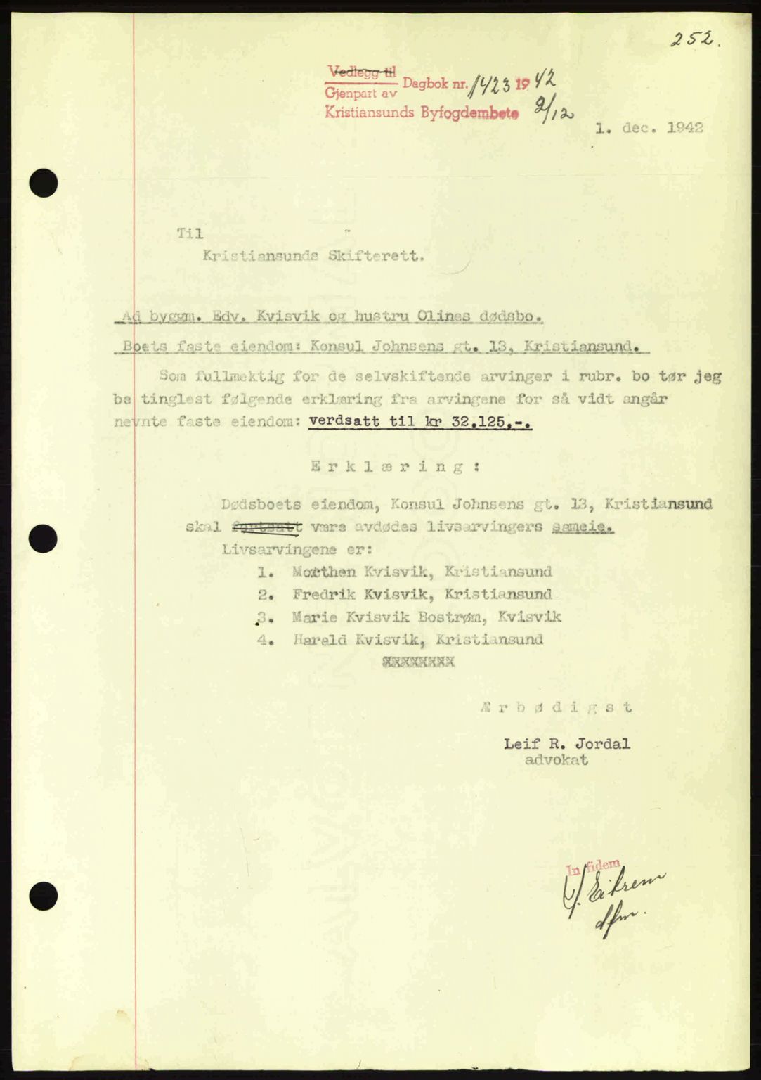 Kristiansund byfogd, AV/SAT-A-4587/A/27: Pantebok nr. 34, 1941-1945, Dagboknr: 1423/1942