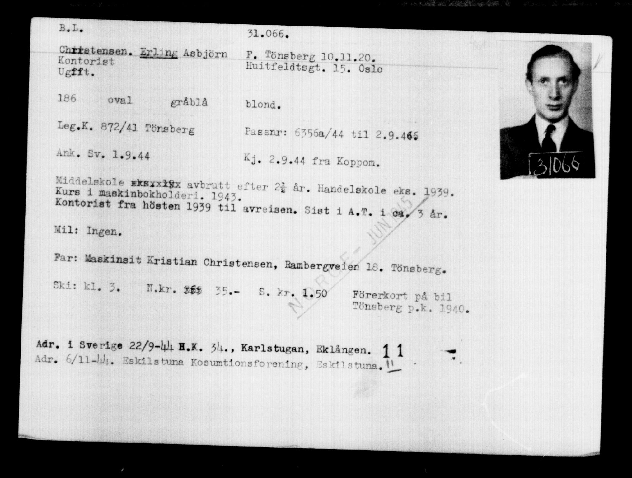 Utenriksstasjonene, Legasjonen i Stockholm, Flyktningkontoret, AV/RA-S-6753/V/Va/L0012: Kjesäterkartoteket, flyktninger med registreringsnr. 28300-31566, 1940-1945, s. 2998