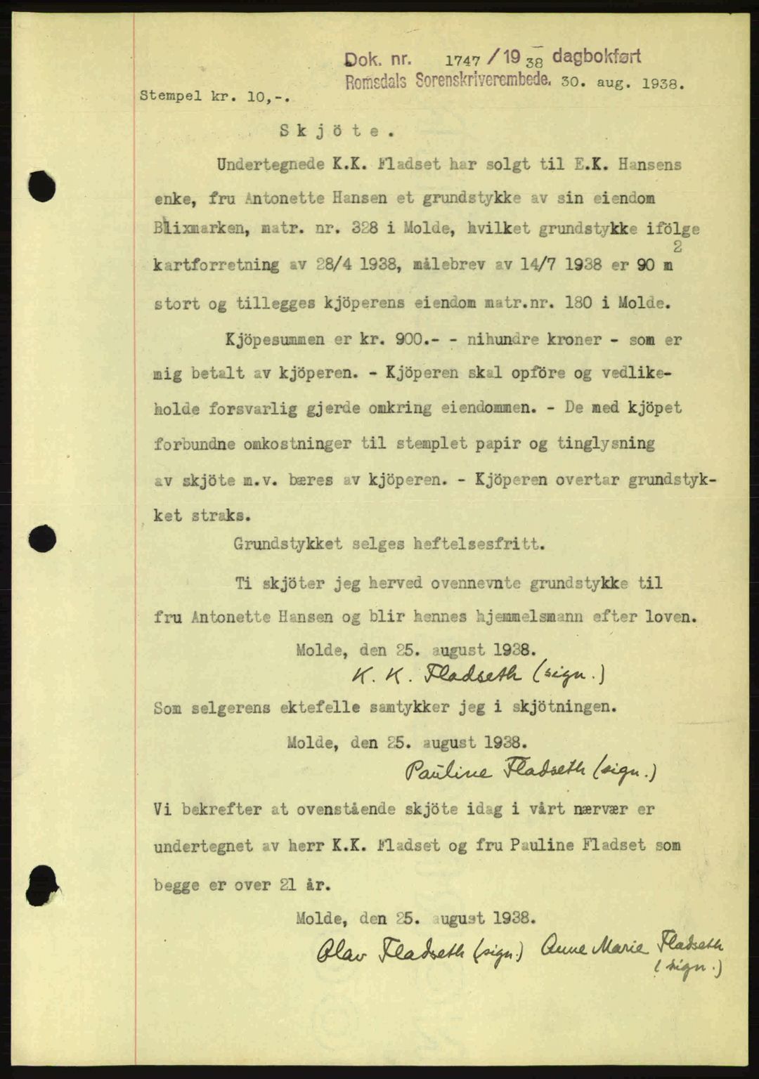 Romsdal sorenskriveri, SAT/A-4149/1/2/2C: Pantebok nr. A5, 1938-1938, Dagboknr: 1747/1938
