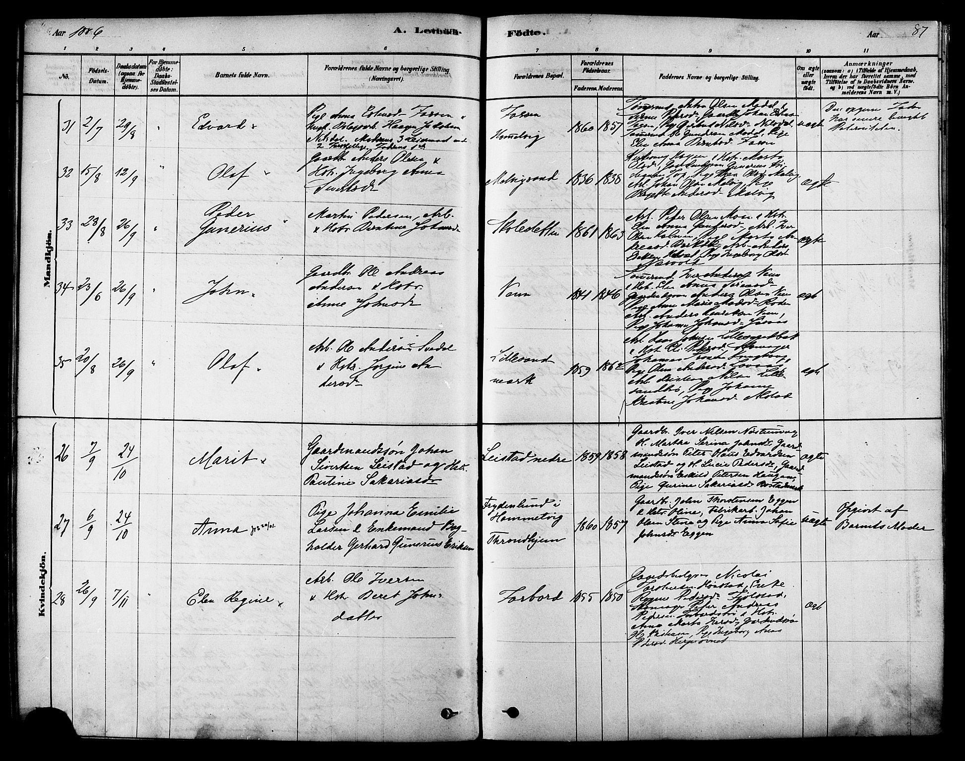 Ministerialprotokoller, klokkerbøker og fødselsregistre - Sør-Trøndelag, AV/SAT-A-1456/616/L0410: Ministerialbok nr. 616A07, 1878-1893, s. 87