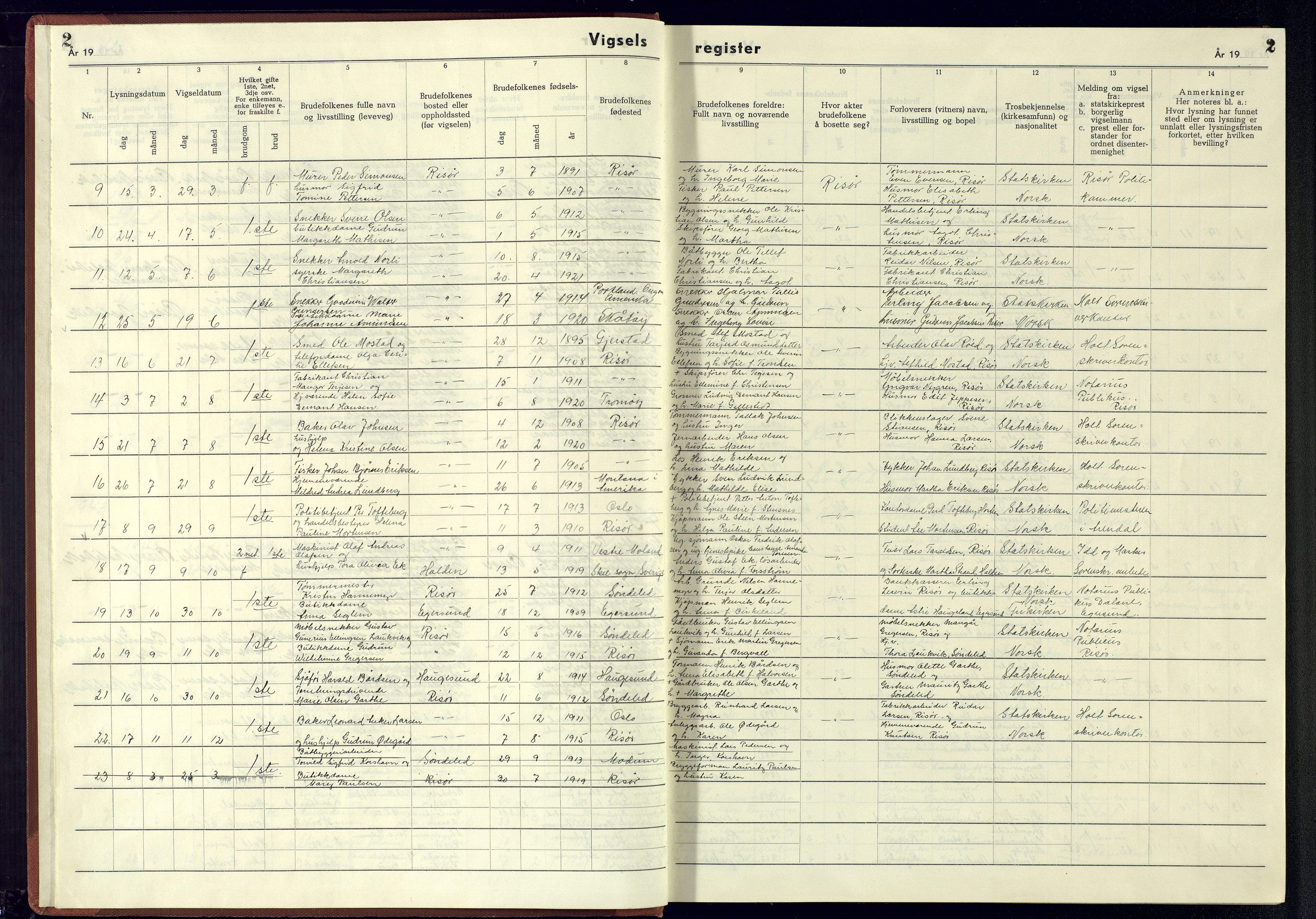 Risør sokneprestkontor, AV/SAK-1111-0035/J/Jb/L0003: Vigselsregister nr. A-VI-9, 1942-1945, s. 2