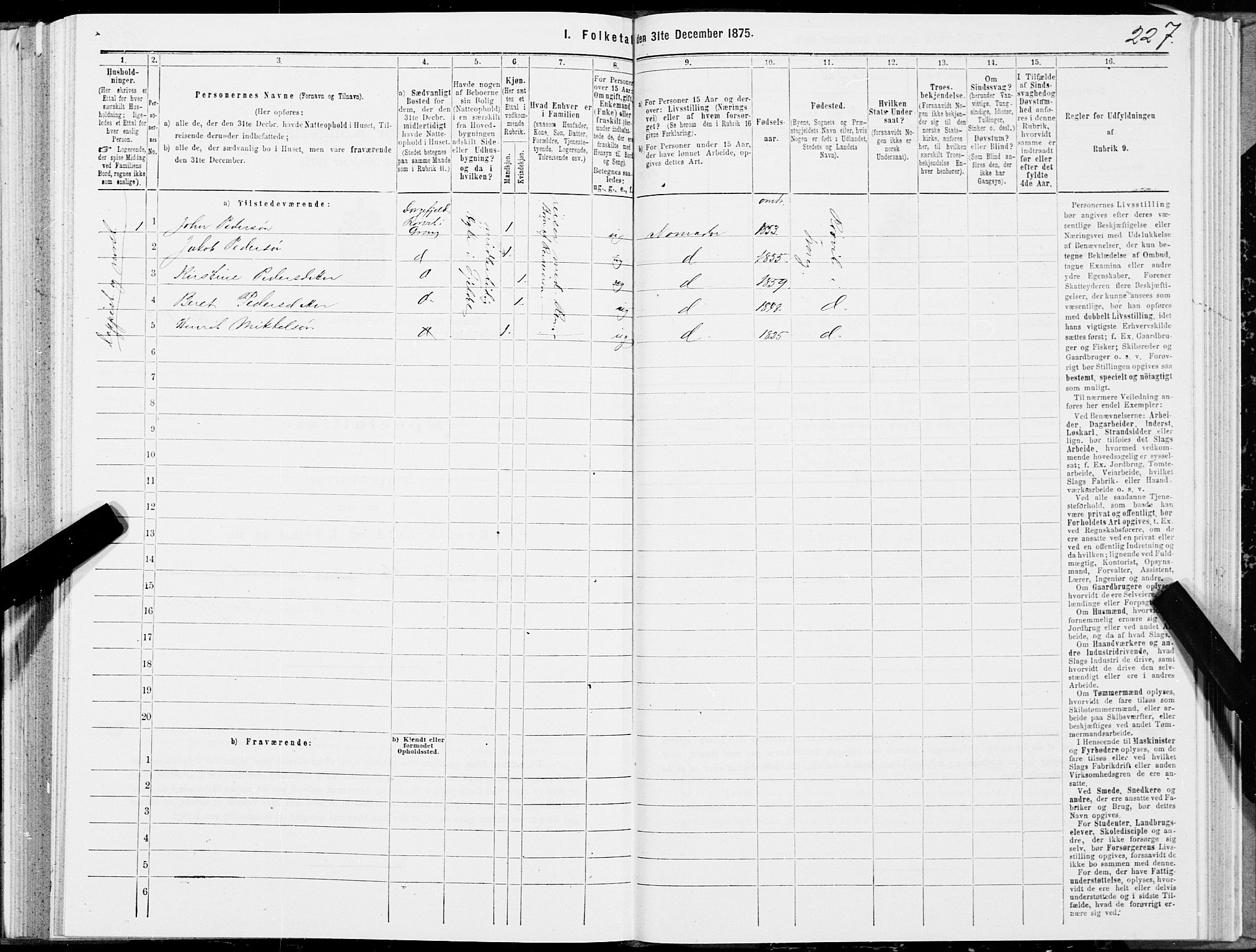 SAT, Folketelling 1875 for 1745L Namsos prestegjeld, Vemundvik sokn og Sævik sokn, 1875, s. 2227