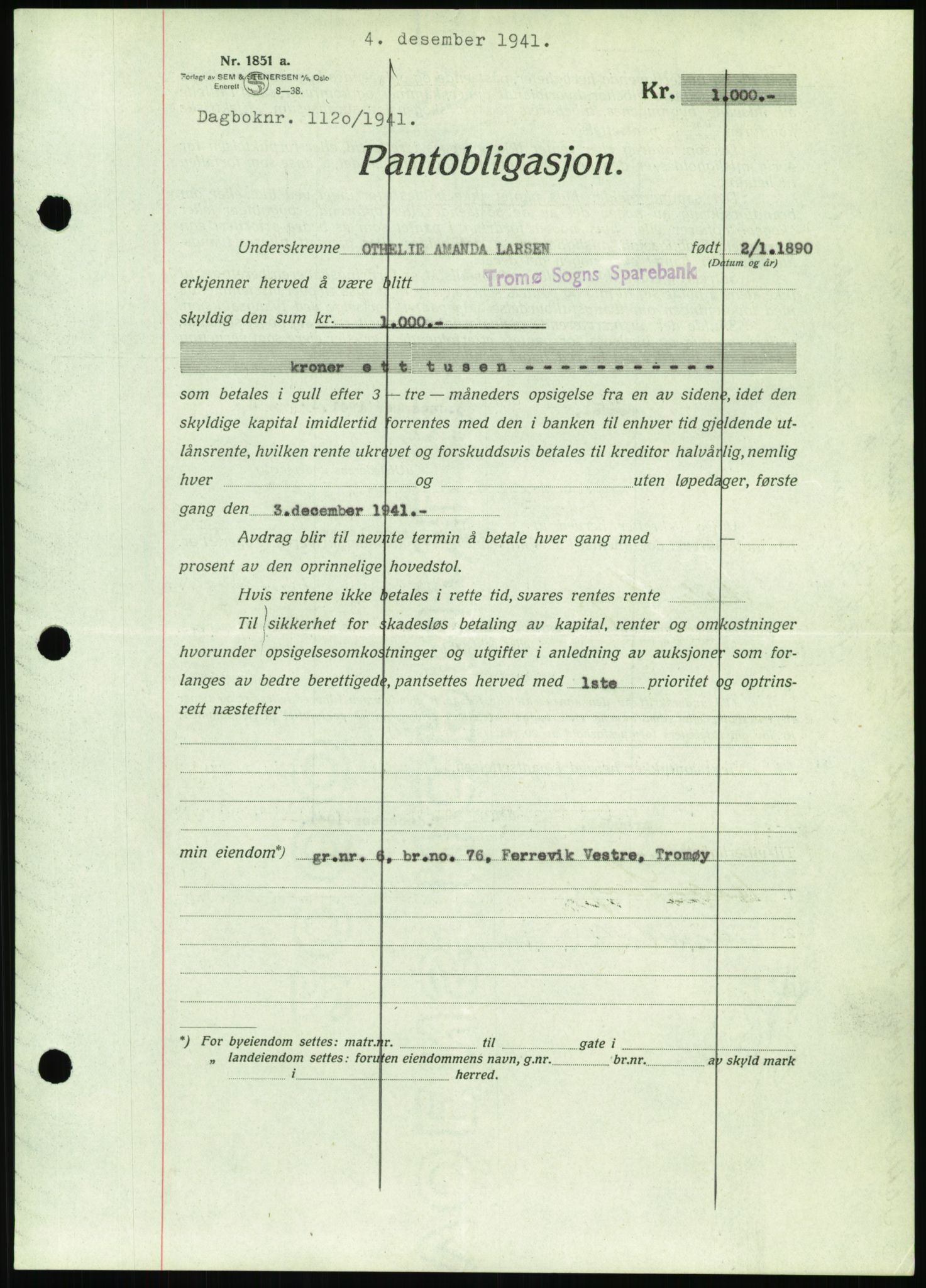 Nedenes sorenskriveri, SAK/1221-0006/G/Gb/Gbb/L0001: Pantebok nr. I, 1939-1942, Dagboknr: 1120/1941