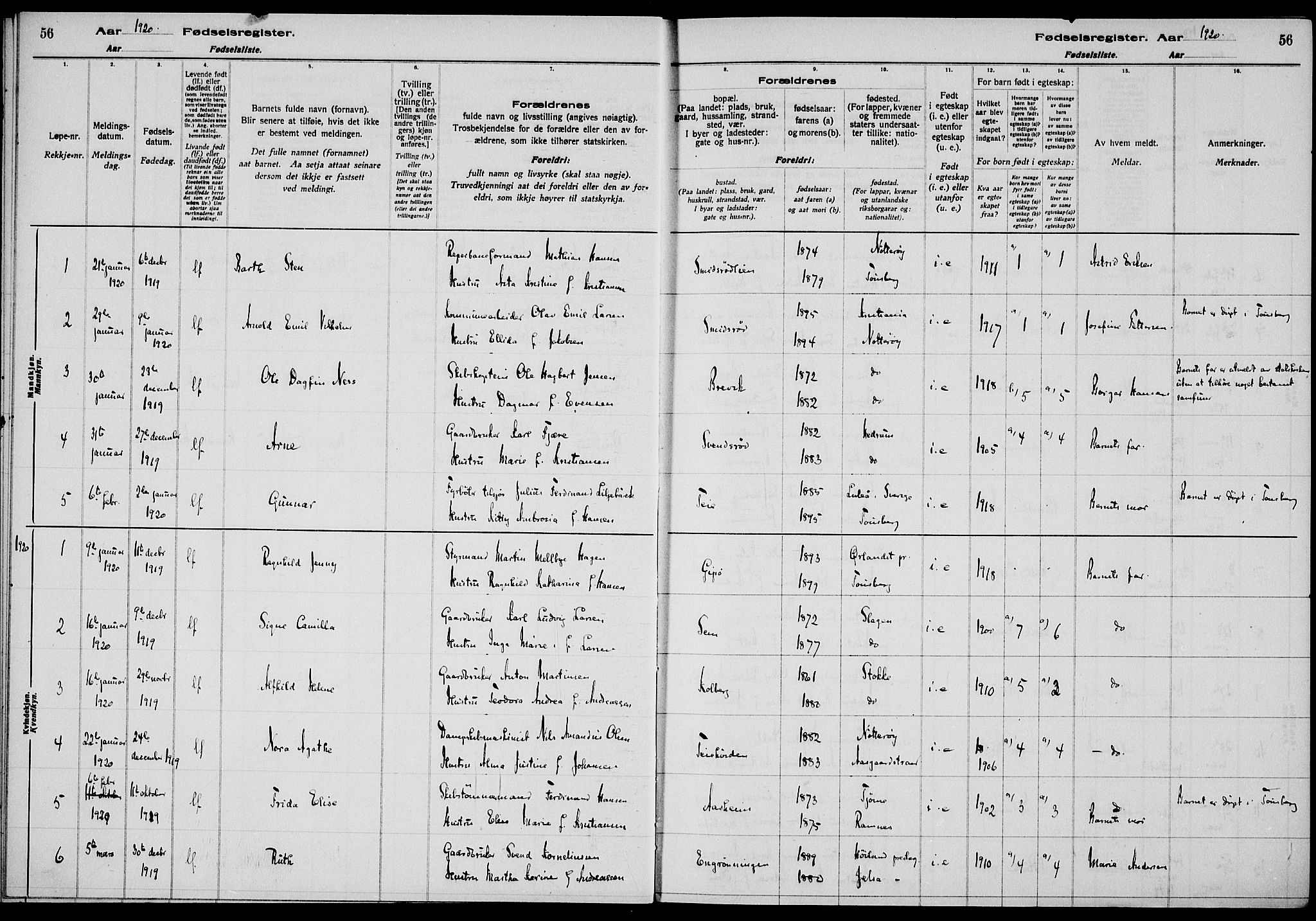 Nøtterøy kirkebøker, AV/SAKO-A-354/J/Ja/L0001: Fødselsregister nr. 1, 1916-1928, s. 56