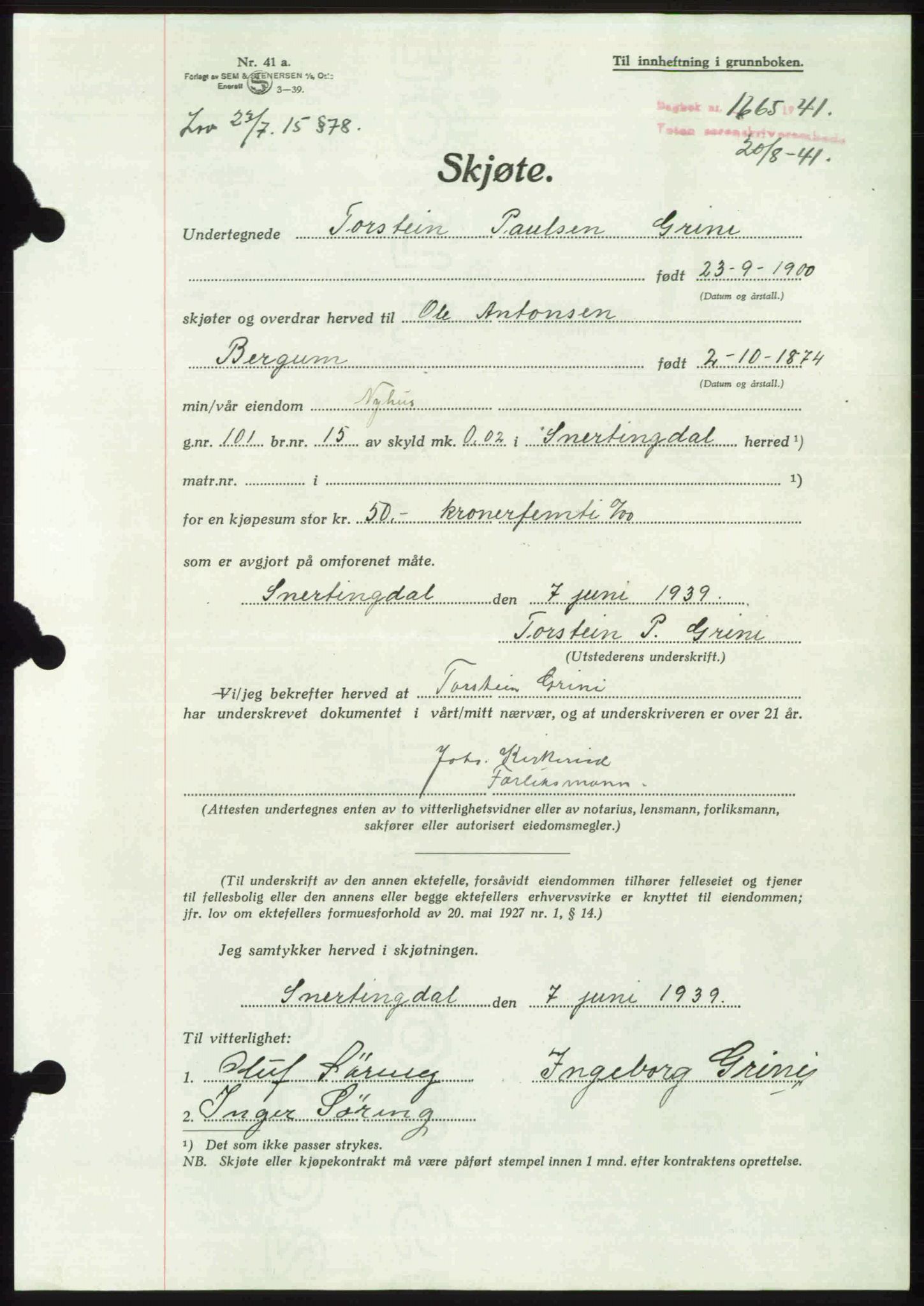 Toten tingrett, AV/SAH-TING-006/H/Hb/Hbc/L0008: Pantebok nr. Hbc-08, 1941-1941, Dagboknr: 1665/1941