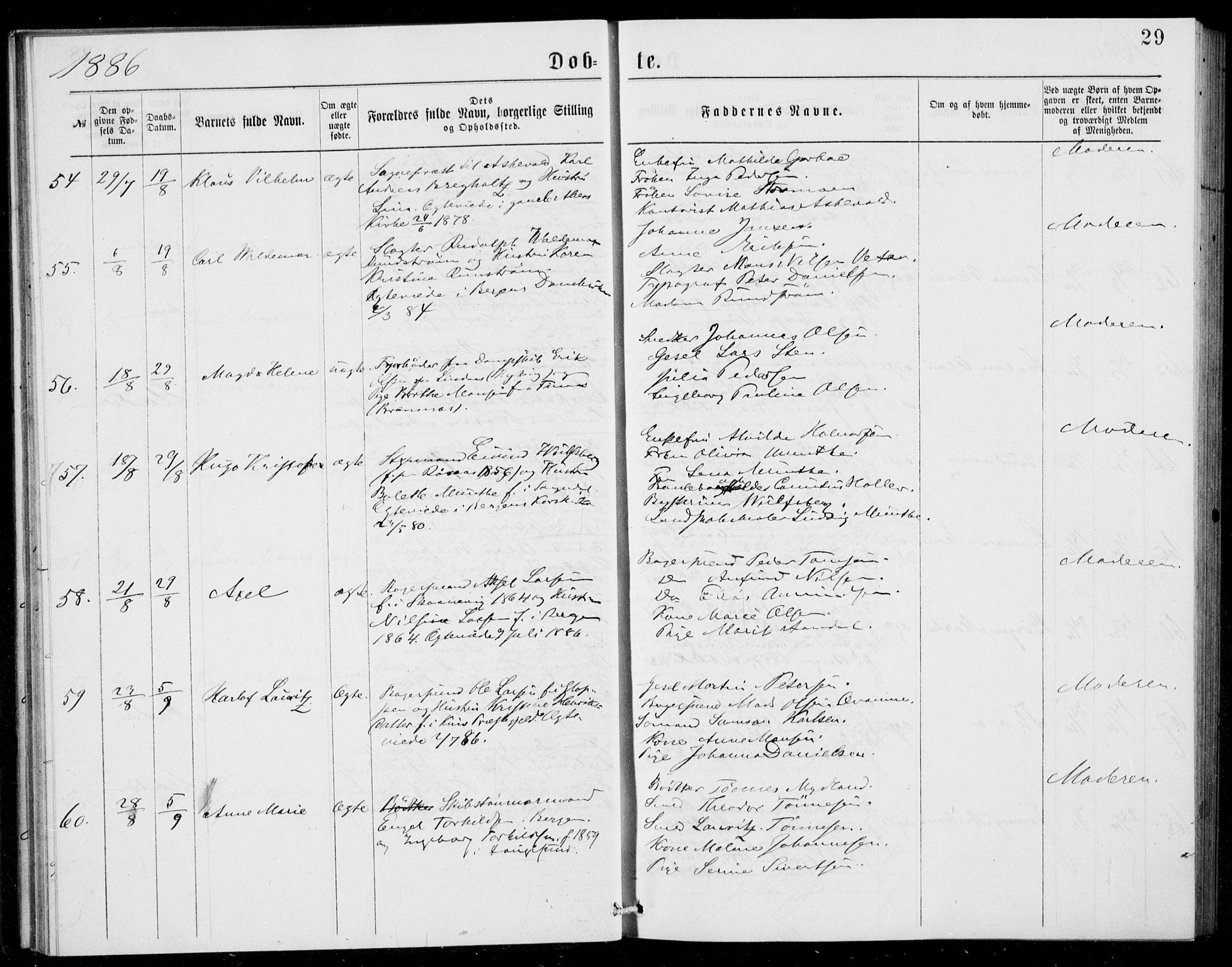 Fødselsstiftelsens sokneprestembete, ført av overlegen*, SAB/-: Ministerialbok nr. A 2, 1884-1900, s. 29
