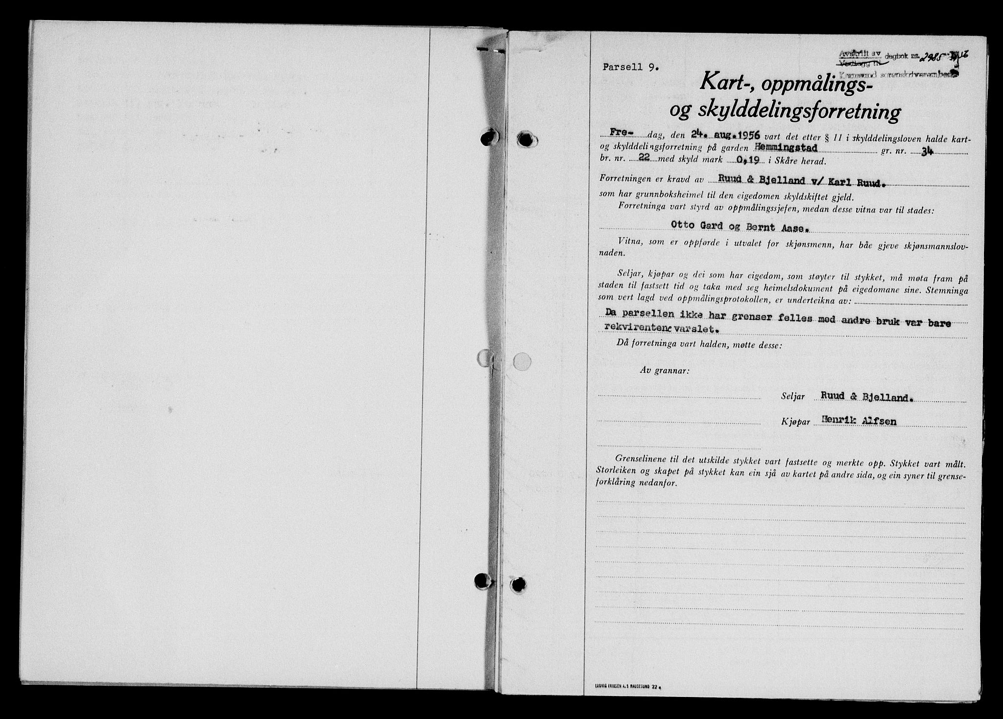 Karmsund sorenskriveri, SAST/A-100311/01/II/IIB/L0121: Pantebok nr. 101A, 1956-1956, Dagboknr: 2985/1956