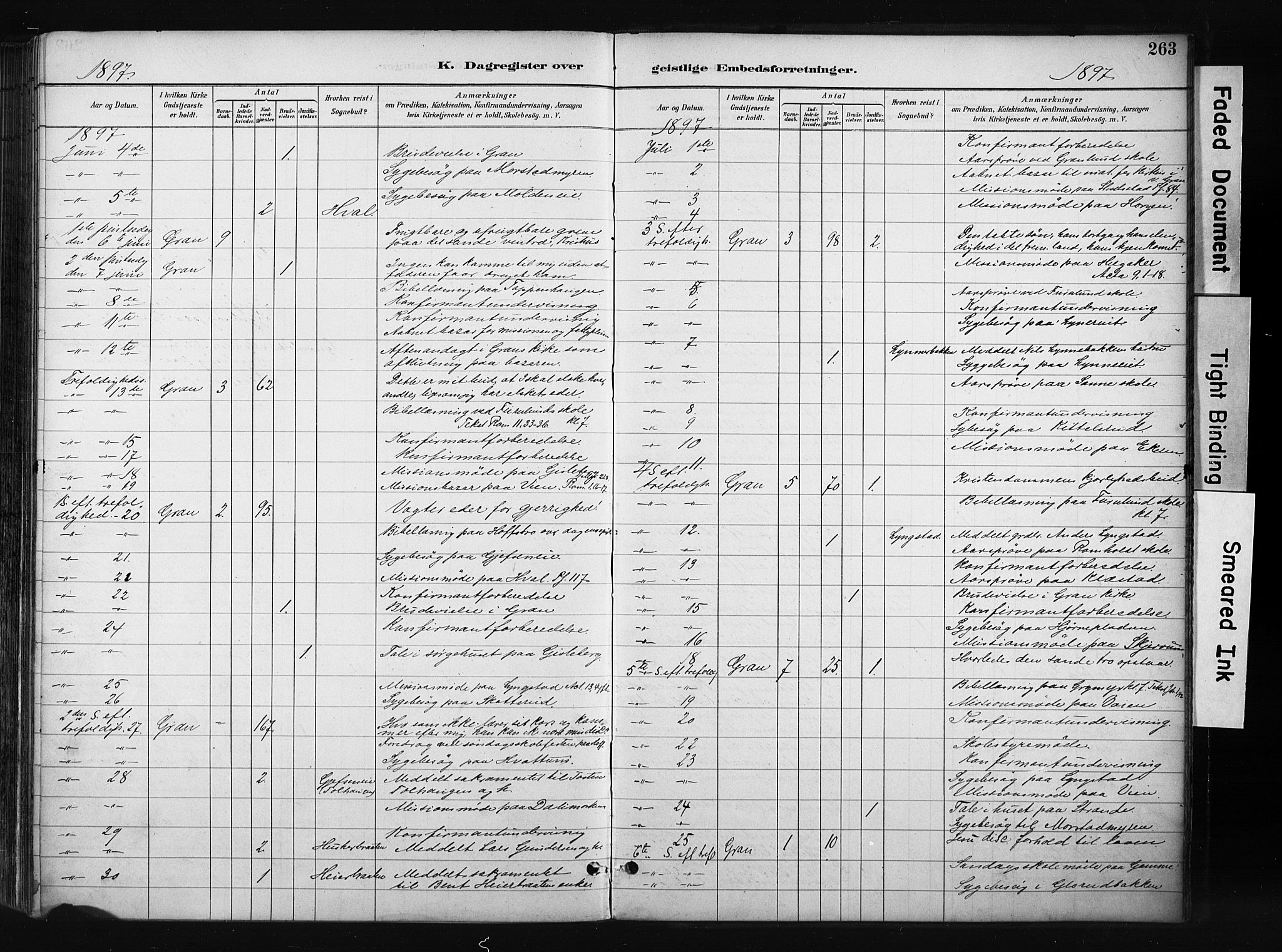 Gran prestekontor, AV/SAH-PREST-112/H/Ha/Haa/L0017: Ministerialbok nr. 17, 1889-1897, s. 263