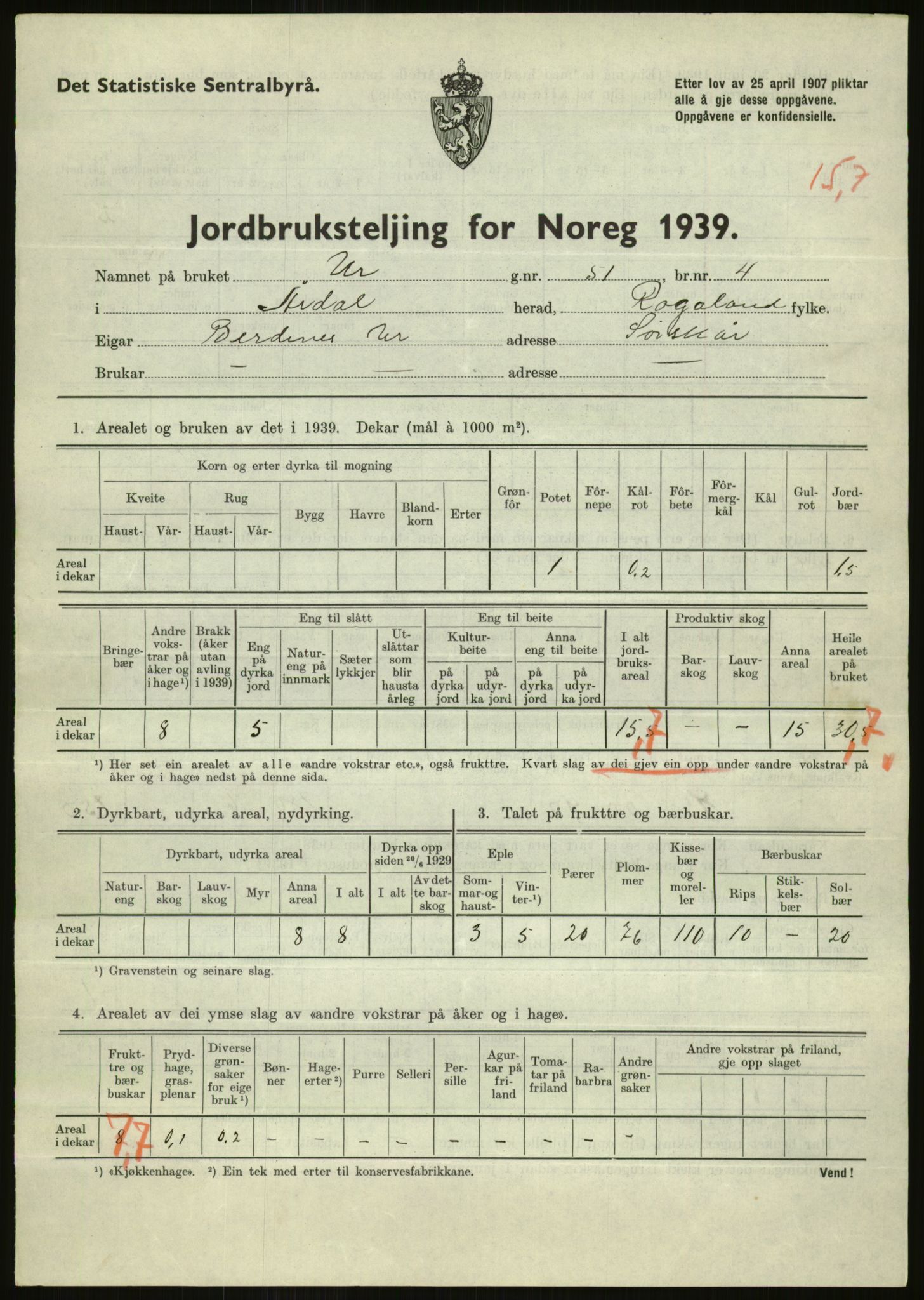 Statistisk sentralbyrå, Næringsøkonomiske emner, Jordbruk, skogbruk, jakt, fiske og fangst, AV/RA-S-2234/G/Gb/L0184: Rogaland: Årdal, Fister og Hjelmeland, 1939, s. 485