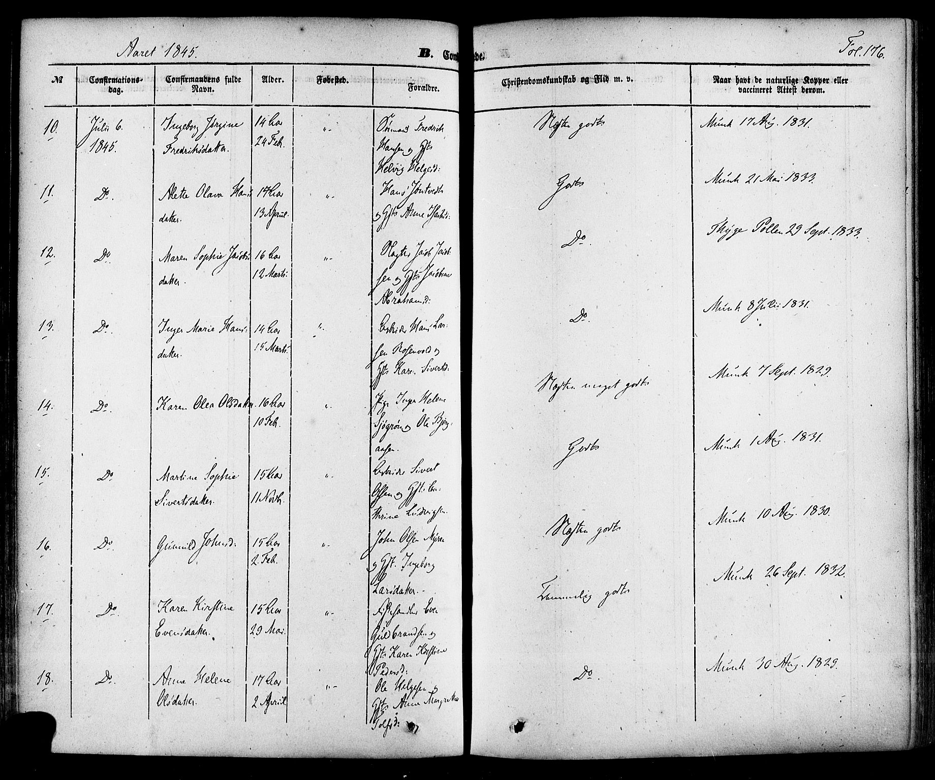 Skien kirkebøker, SAKO/A-302/F/Fa/L0006a: Ministerialbok nr. 6A, 1843-1856, s. 176