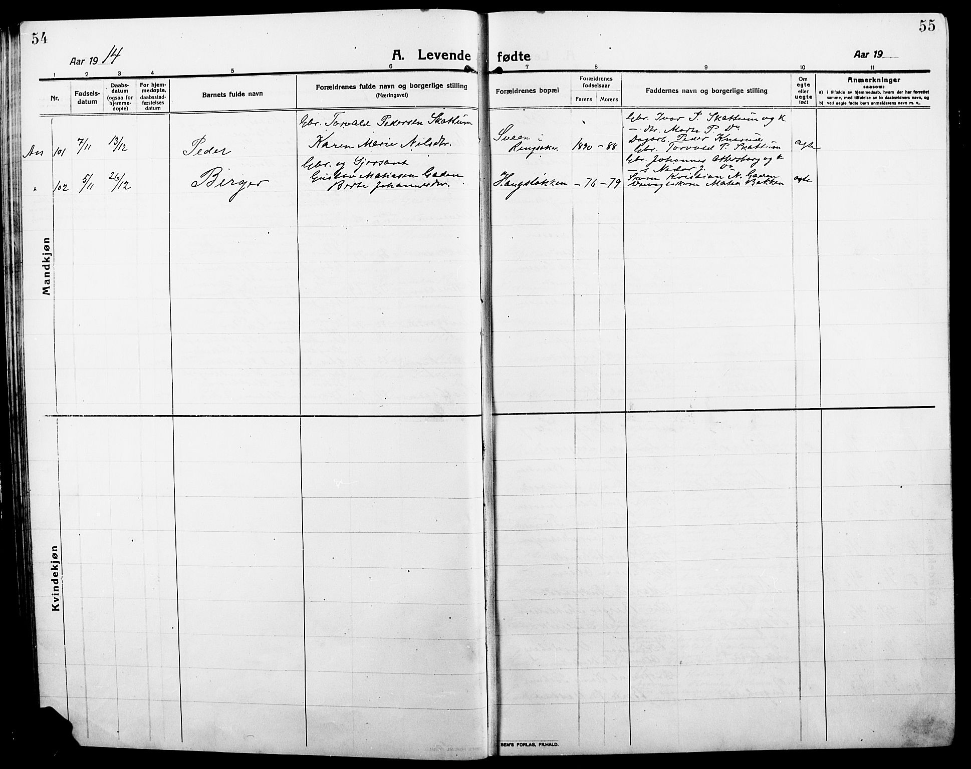 Ringsaker prestekontor, SAH/PREST-014/L/La/L0018: Klokkerbok nr. 18, 1913-1922, s. 54-55