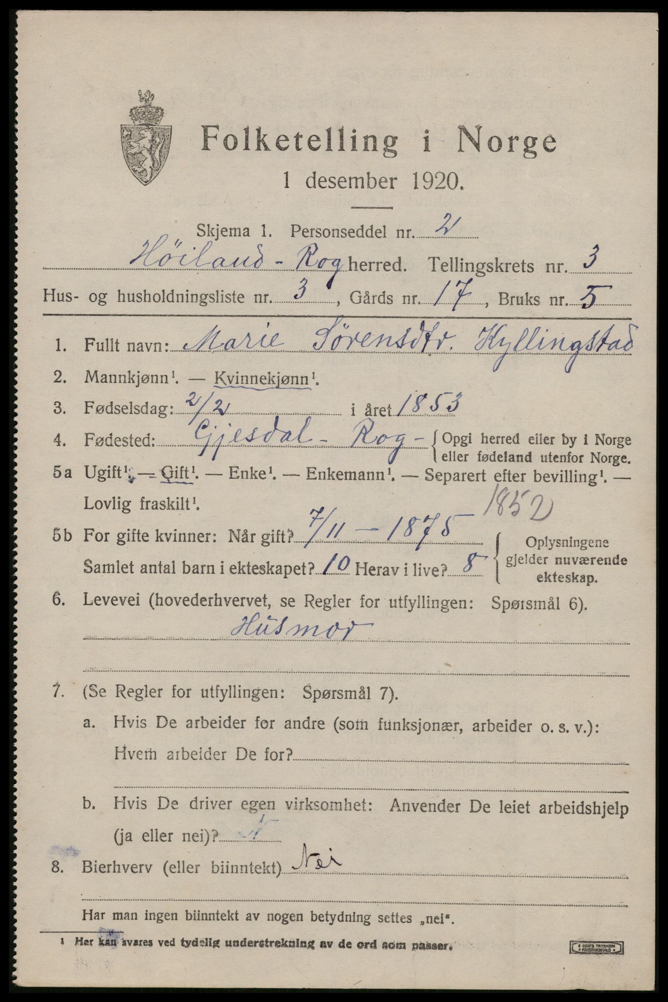 SAST, Folketelling 1920 for 1123 Høyland herred, 1920, s. 3038