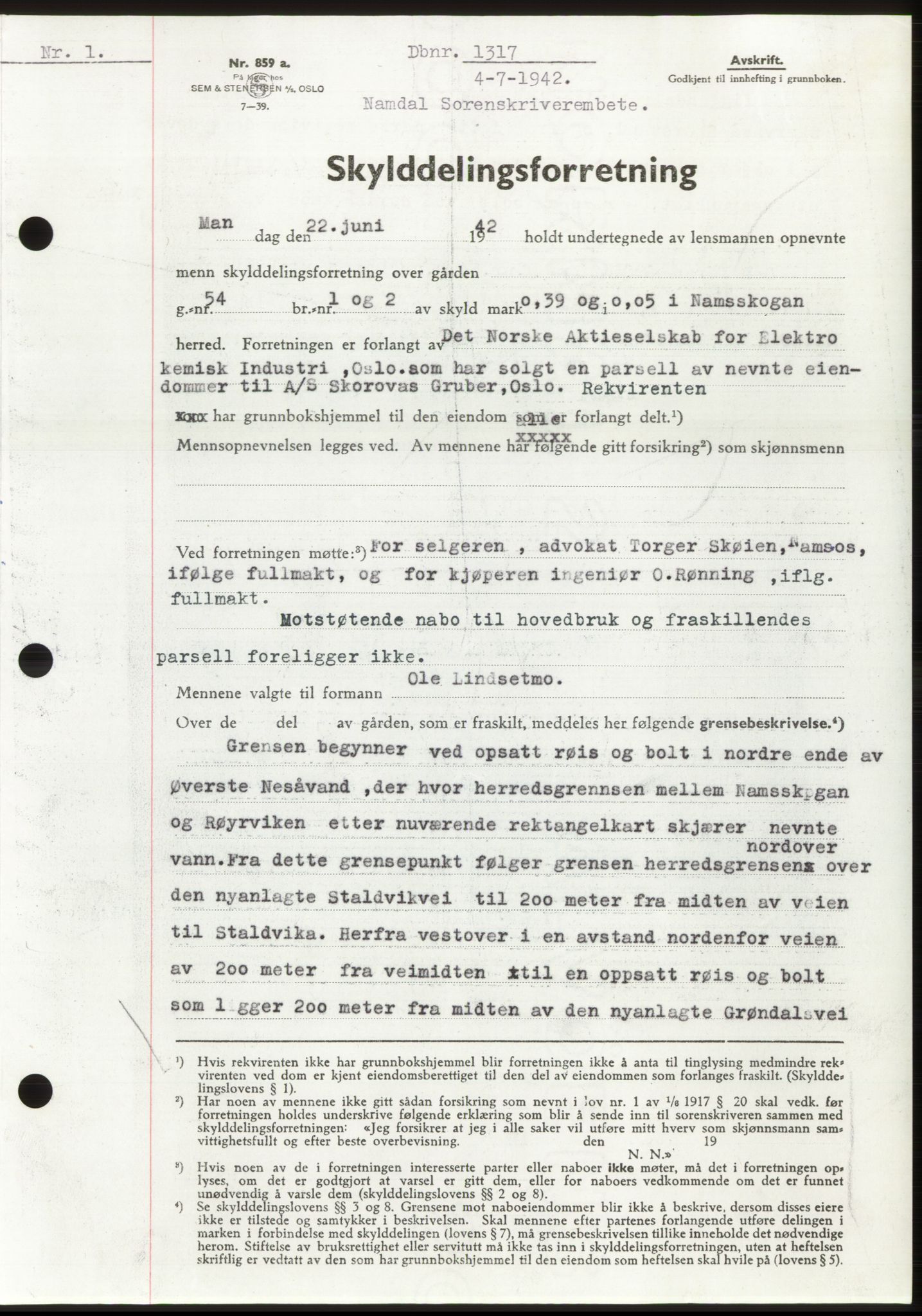 Namdal sorenskriveri, SAT/A-4133/1/2/2C: Pantebok nr. -, 1942-1943, Dagboknr: 1317/1942