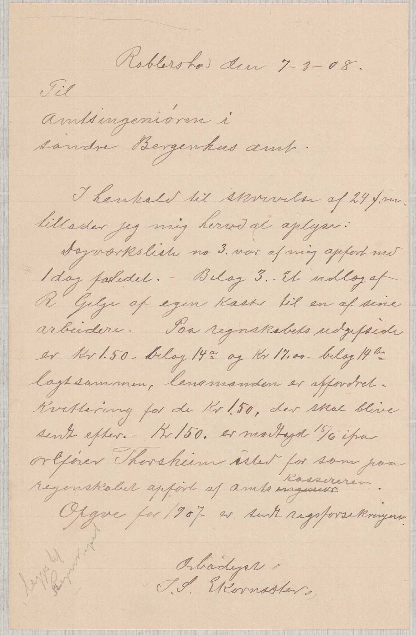 Finnaas kommune. Formannskapet, IKAH/1218a-021/E/Ea/L0002/0005: Rekneskap for veganlegg / Rekneskap for veganlegget Urangsvåg - Mælandsvåg, 1907-1909, s. 36
