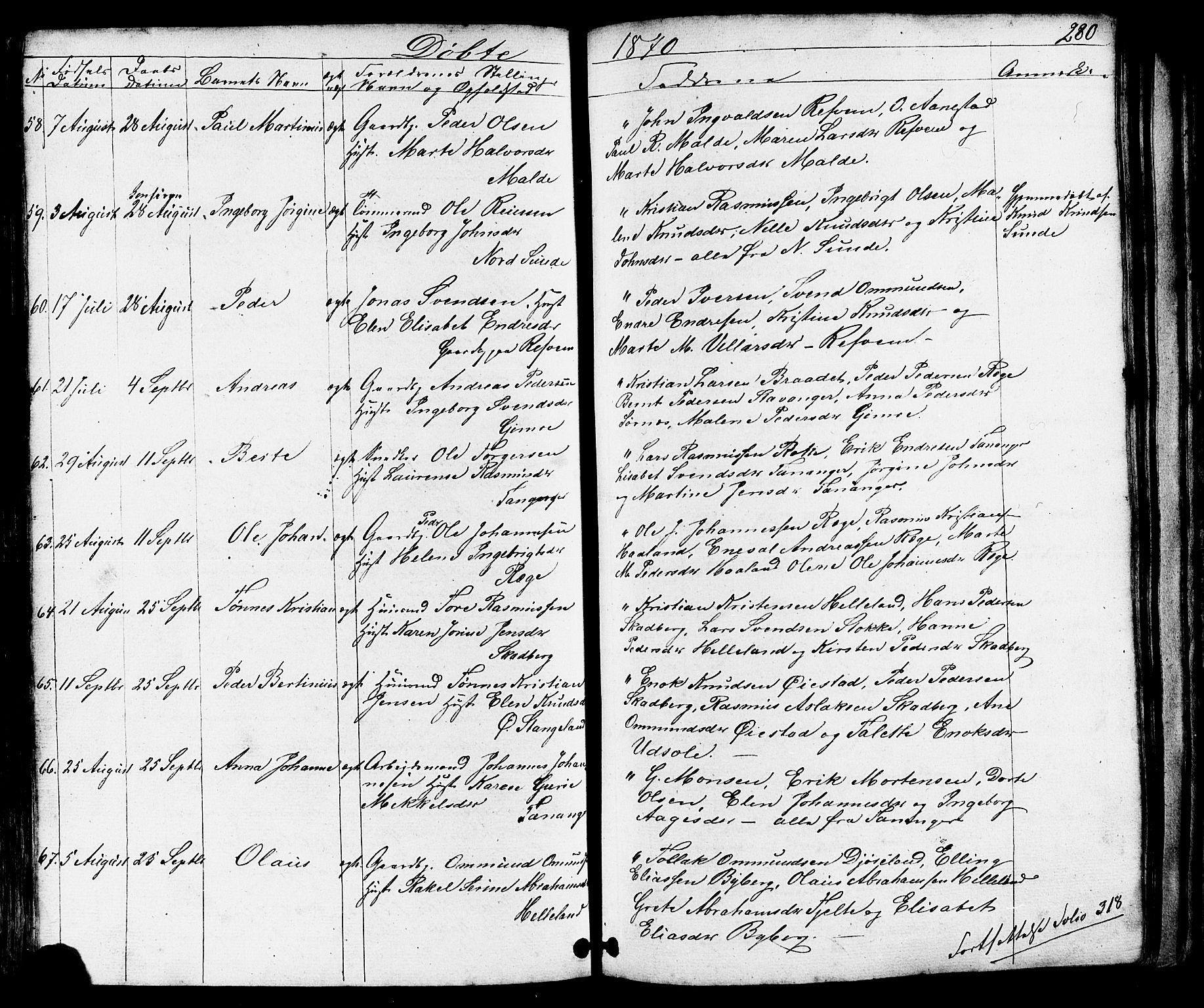 Håland sokneprestkontor, AV/SAST-A-101802/001/30BB/L0002: Klokkerbok nr. B 2, 1845-1872, s. 280