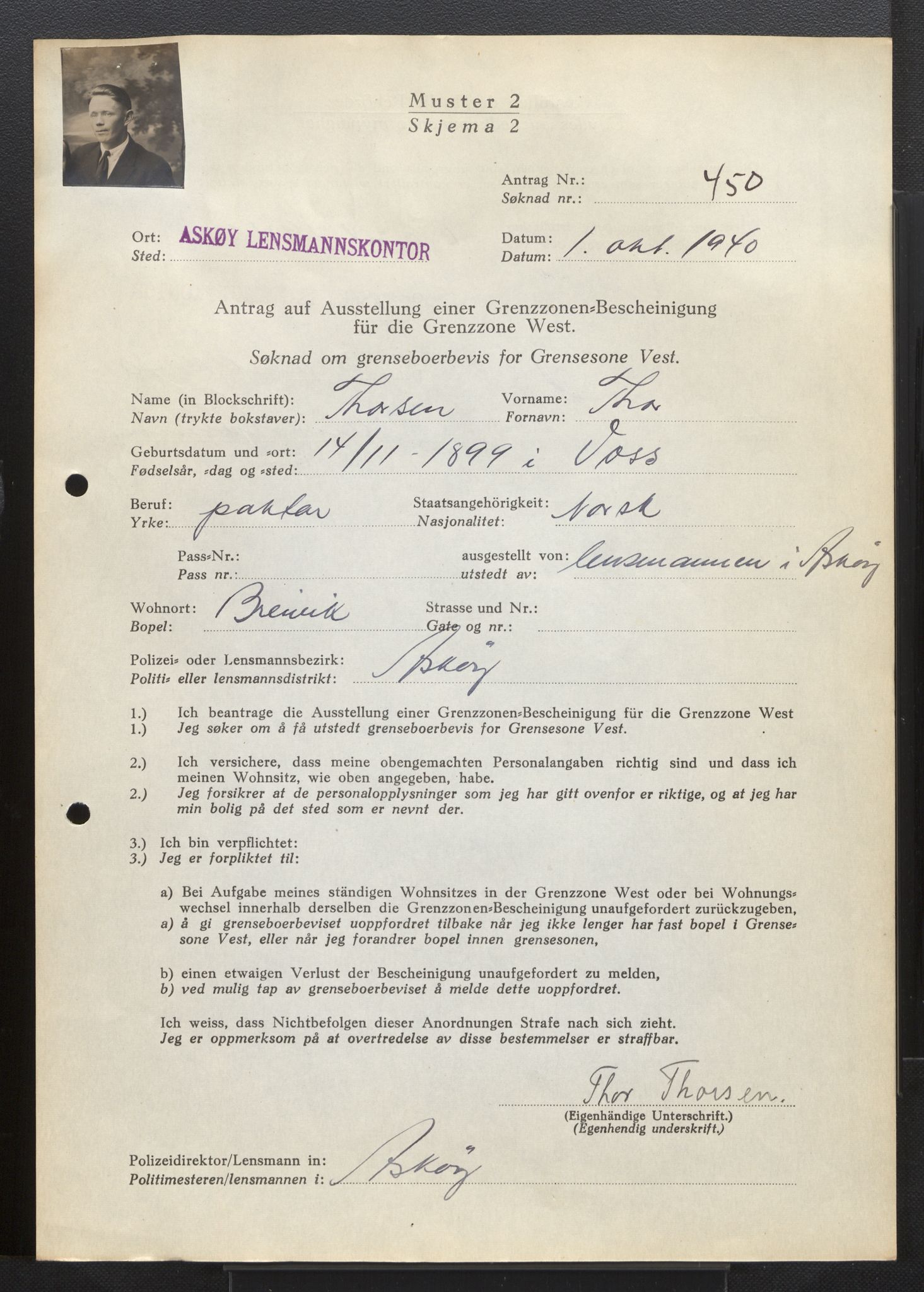 Lensmannen i Askøy, AV/SAB-A-31001/0026/L0004: Søknader om grensebuarbevis 426 - 850, 1940, s. 49