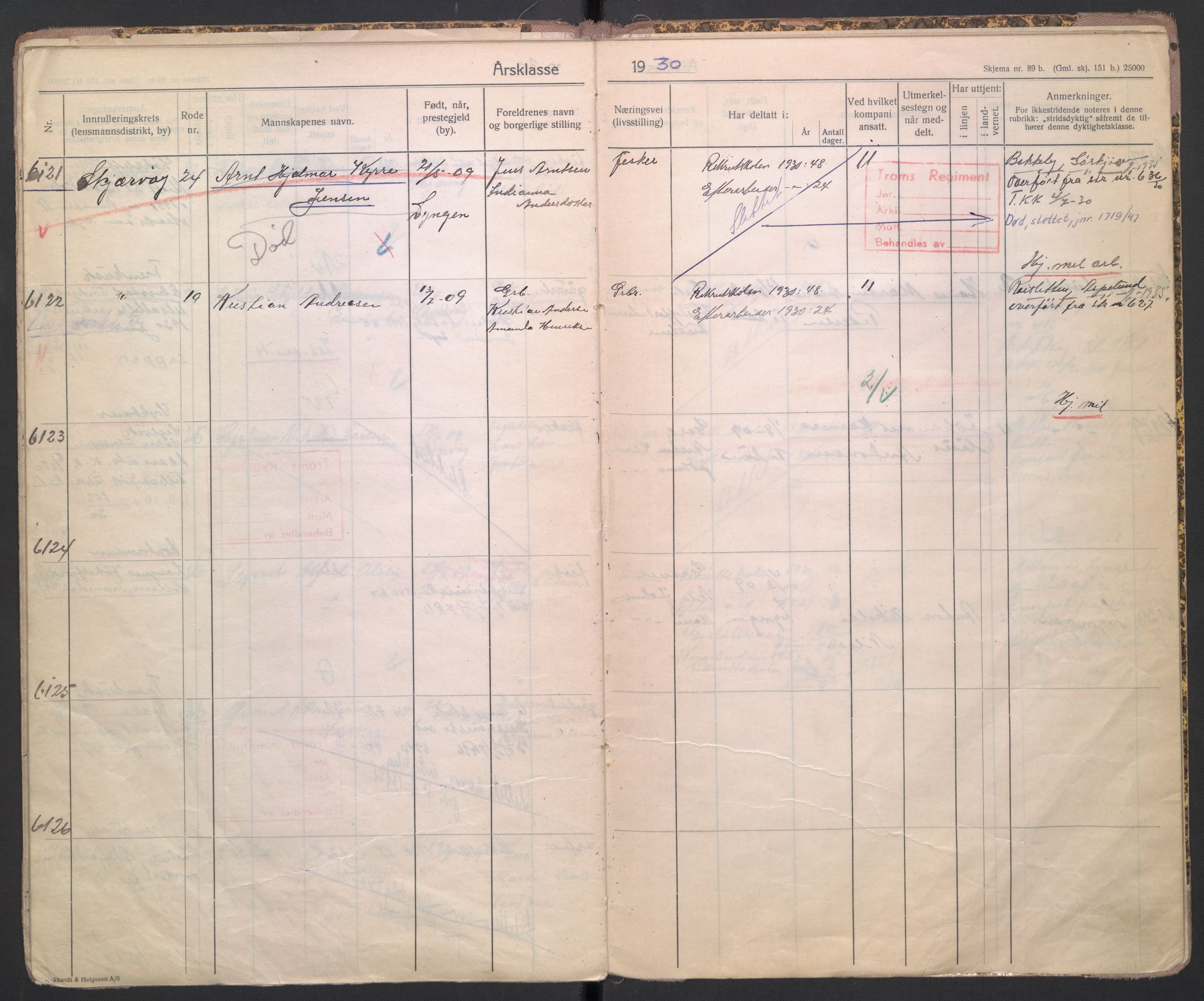 Forsvaret, Troms infanteriregiment nr. 16, AV/RA-RAFA-3146/P/Pa/L0005/0004: Ruller / Rulle for regimentets ikke-stridende menige mannskaper, årsklasse 1930, 1930