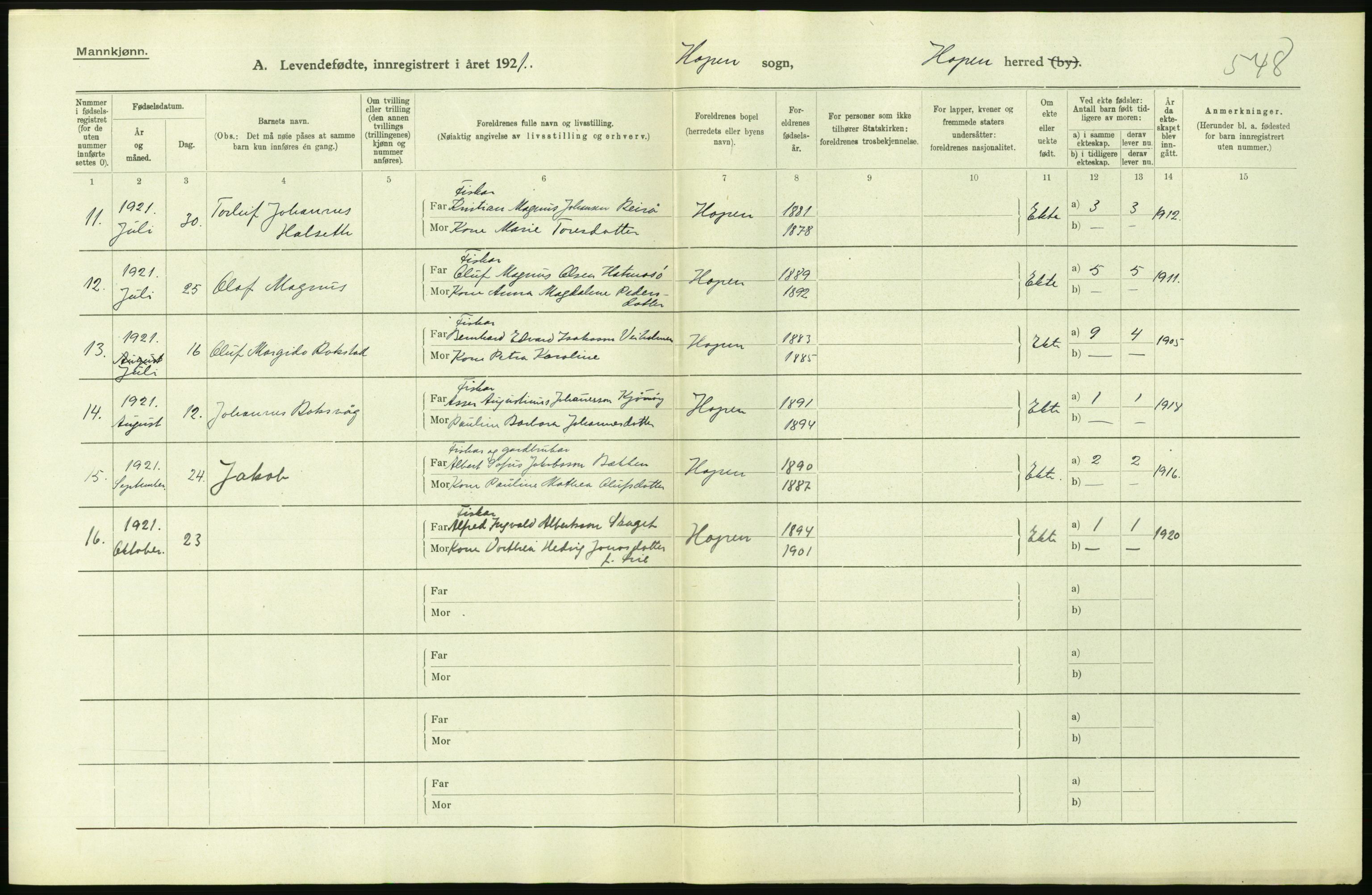 Statistisk sentralbyrå, Sosiodemografiske emner, Befolkning, RA/S-2228/D/Df/Dfc/Dfca/L0040: Møre fylke: Levendefødte menn og kvinner. Bygder., 1921, s. 640