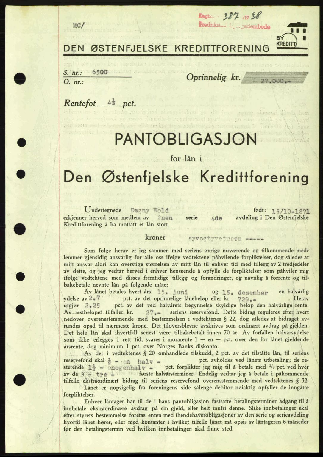 Fredrikstad byfogd, SAO/A-10473a/G/Ga/Gad/L0002: Pantebok nr. B2, 1938-1939, Dagboknr: 387/1938