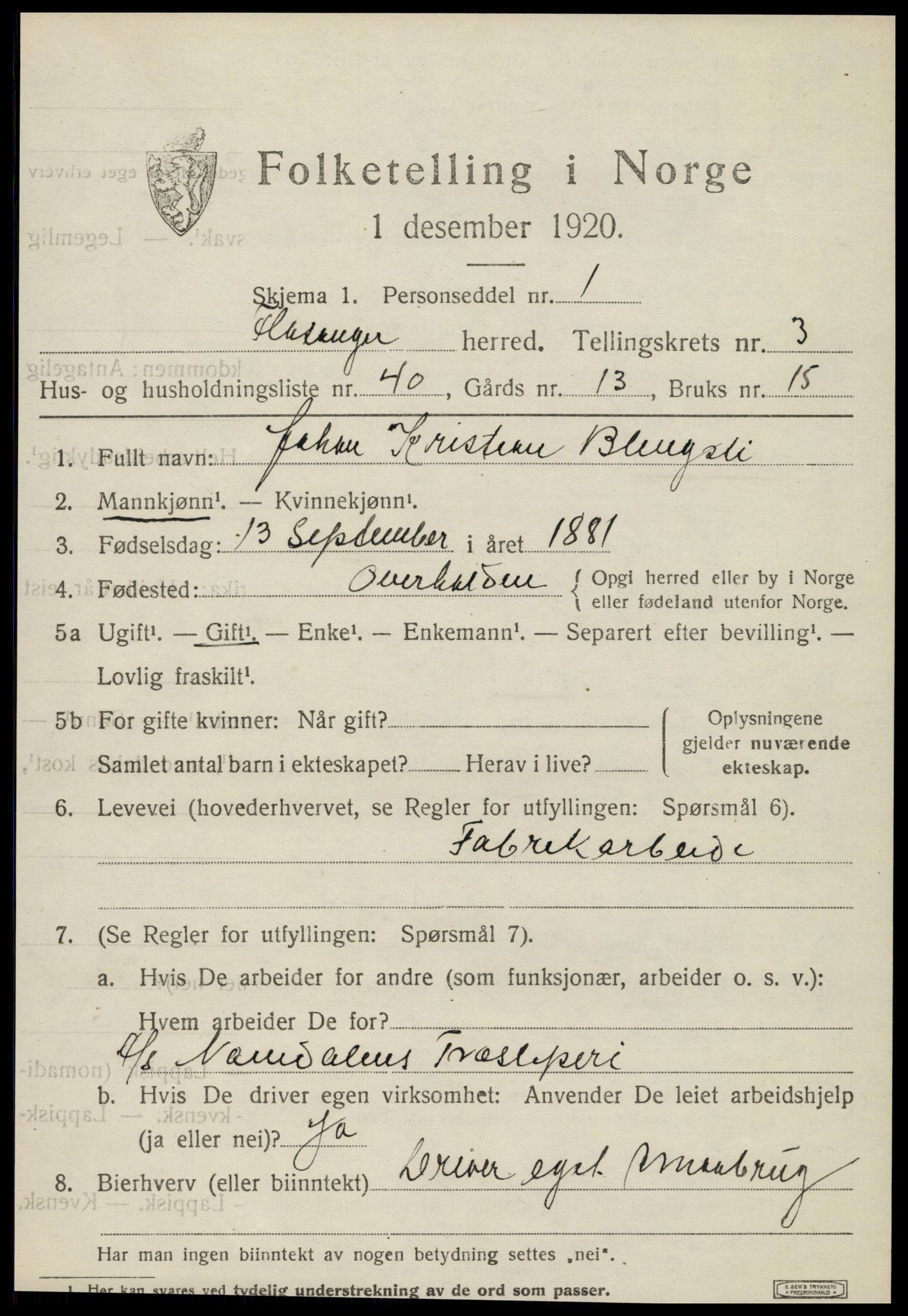 SAT, Folketelling 1920 for 1749 Flatanger herred, 1920, s. 2020