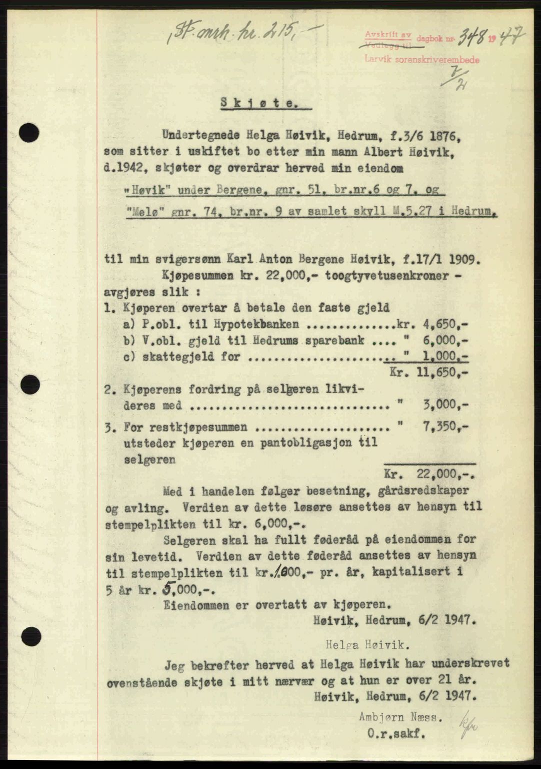 Larvik sorenskriveri, SAKO/A-83/G/Ga/Gab/L0083: Pantebok nr. A-17, 1946-1947, Dagboknr: 348/1947