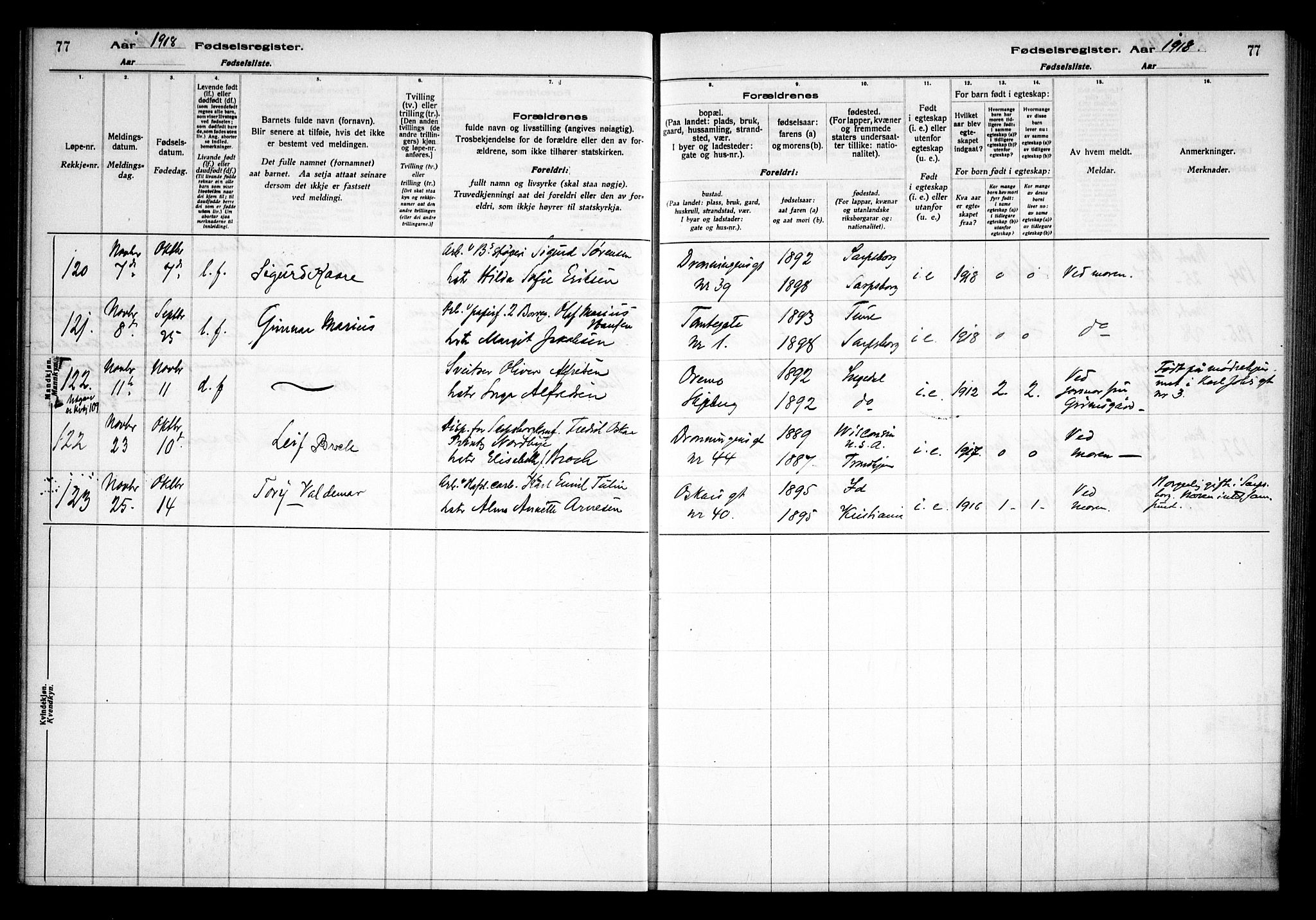 Sarpsborg prestekontor Kirkebøker, AV/SAO-A-2006/J/Ja/L0001: Fødselsregister nr. 1, 1916-1922, s. 77