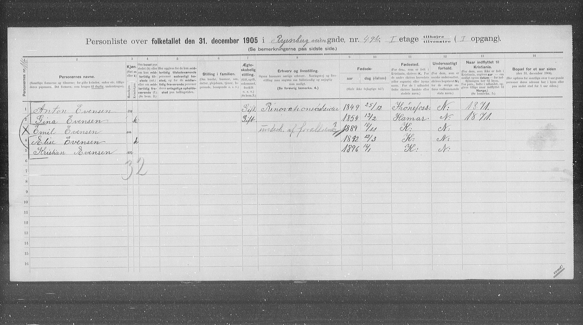 OBA, Kommunal folketelling 31.12.1905 for Kristiania kjøpstad, 1905, s. 45279