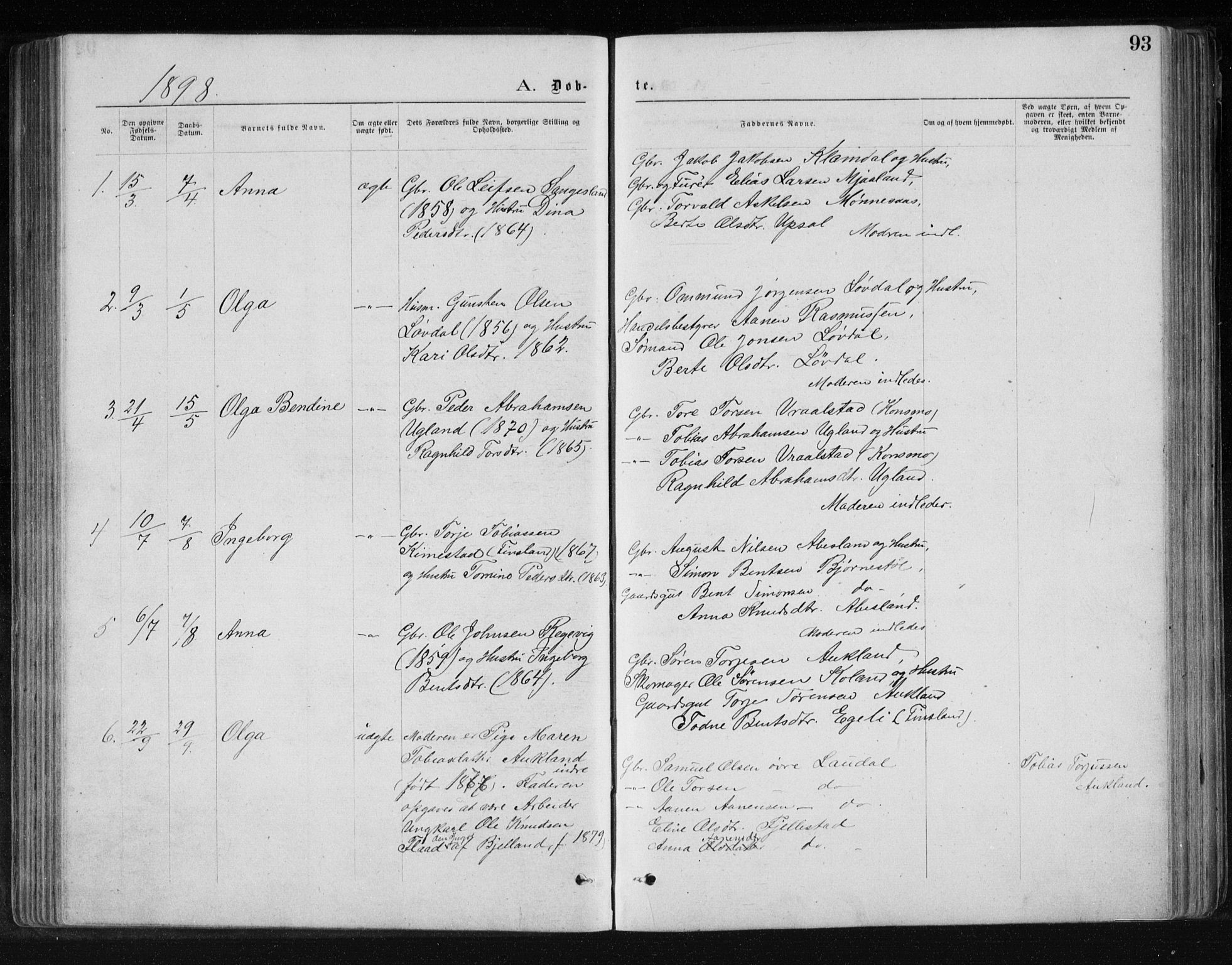 Holum sokneprestkontor, AV/SAK-1111-0022/F/Fb/Fbb/L0003: Klokkerbok nr. B 3, 1875-1898, s. 93