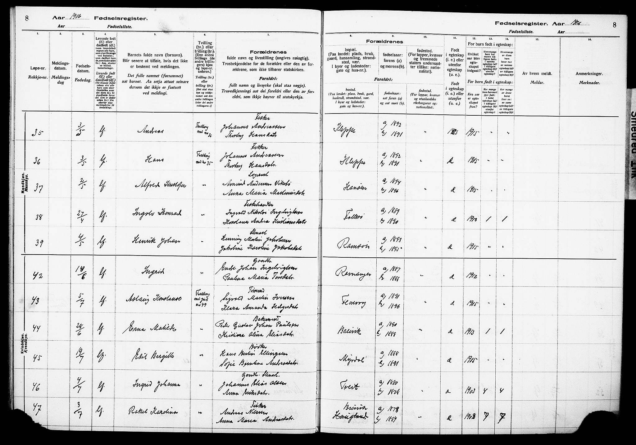 Askøy Sokneprestembete, AV/SAB-A-74101/I/Id/L00A1: Fødselsregister nr. A 1, 1916-1928, s. 8