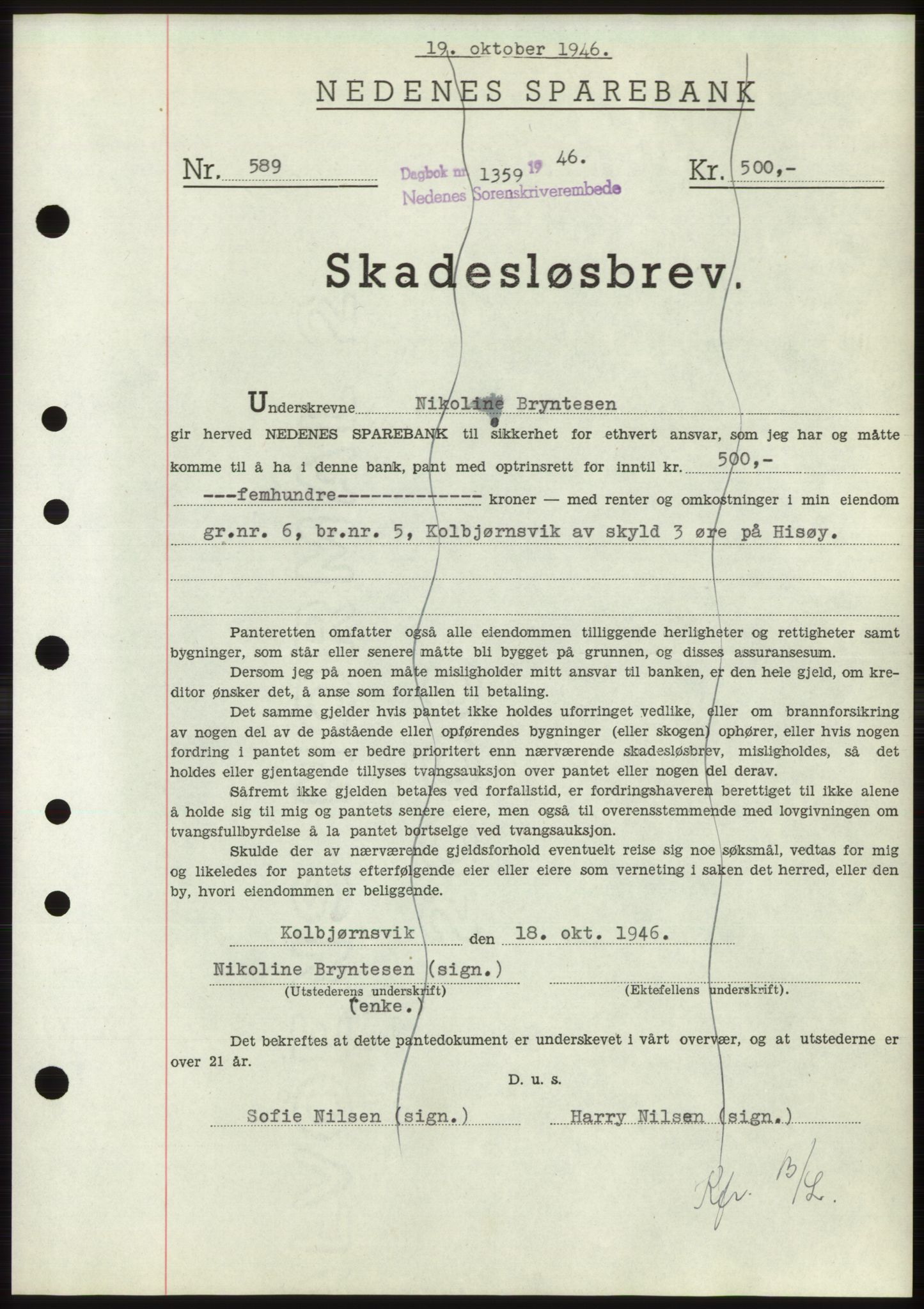 Nedenes sorenskriveri, AV/SAK-1221-0006/G/Gb/Gbb/L0003: Pantebok nr. B3b, 1946-1946, Dagboknr: 1359/1946