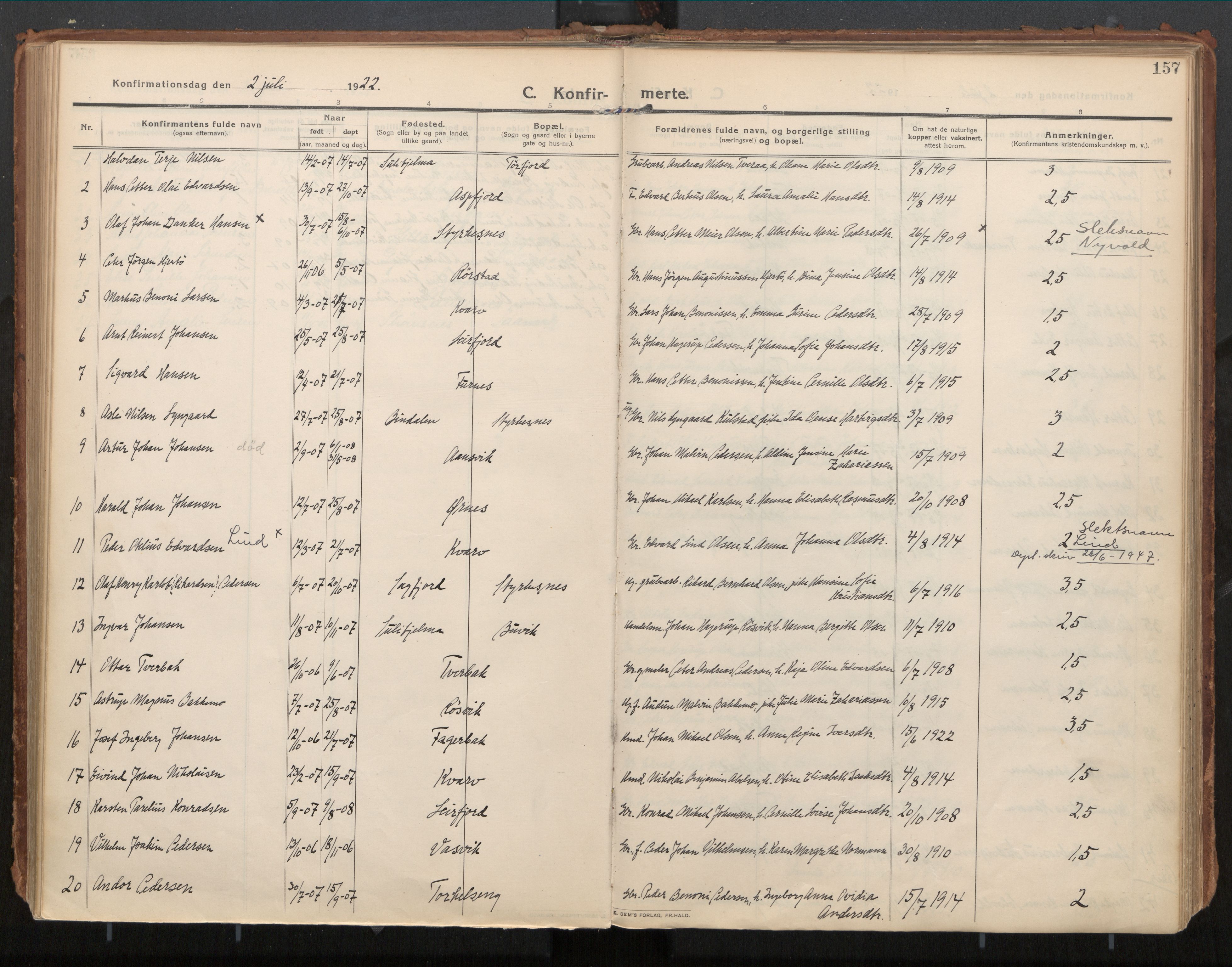 Ministerialprotokoller, klokkerbøker og fødselsregistre - Nordland, SAT/A-1459/854/L0784: Ministerialbok nr. 854A07, 1910-1922, s. 157