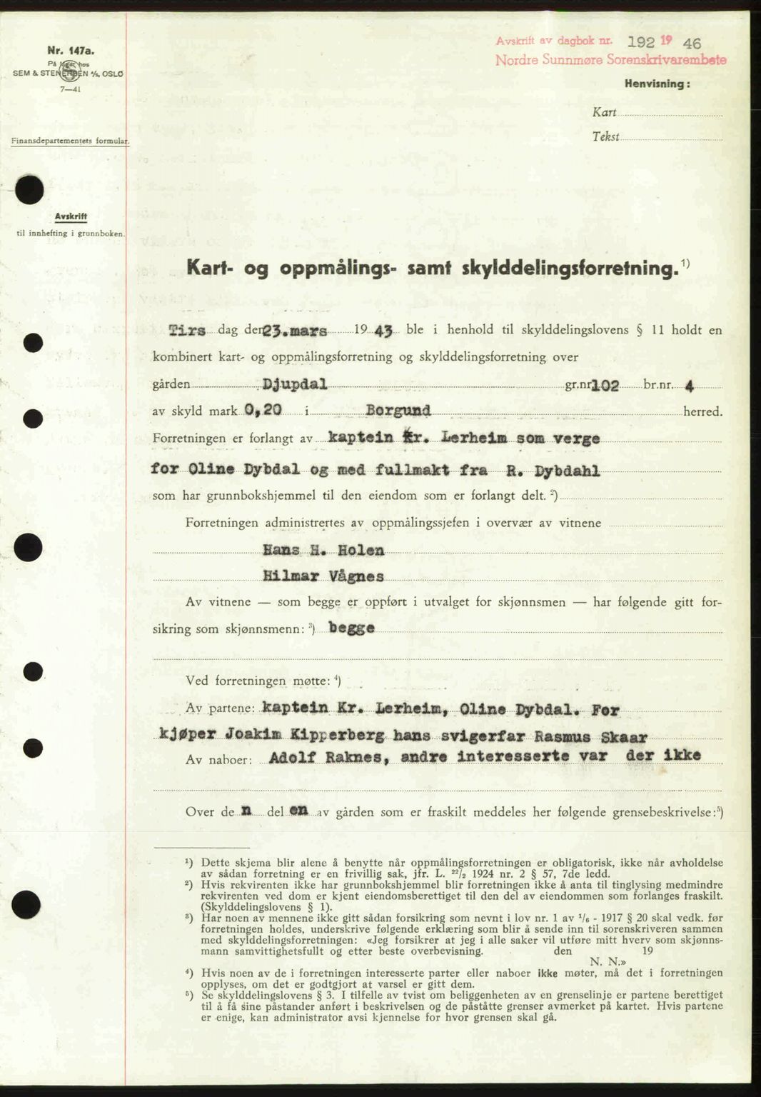 Nordre Sunnmøre sorenskriveri, SAT/A-0006/1/2/2C/2Ca: Pantebok nr. A20b, 1946-1946, Dagboknr: 192/1946