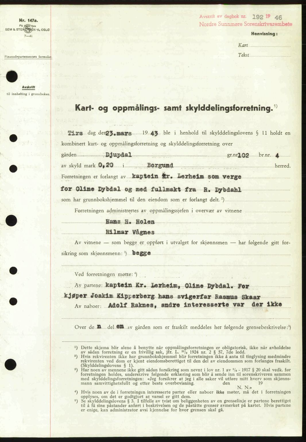 Nordre Sunnmøre sorenskriveri, AV/SAT-A-0006/1/2/2C/2Ca: Pantebok nr. A20b, 1946-1946, Dagboknr: 192/1946