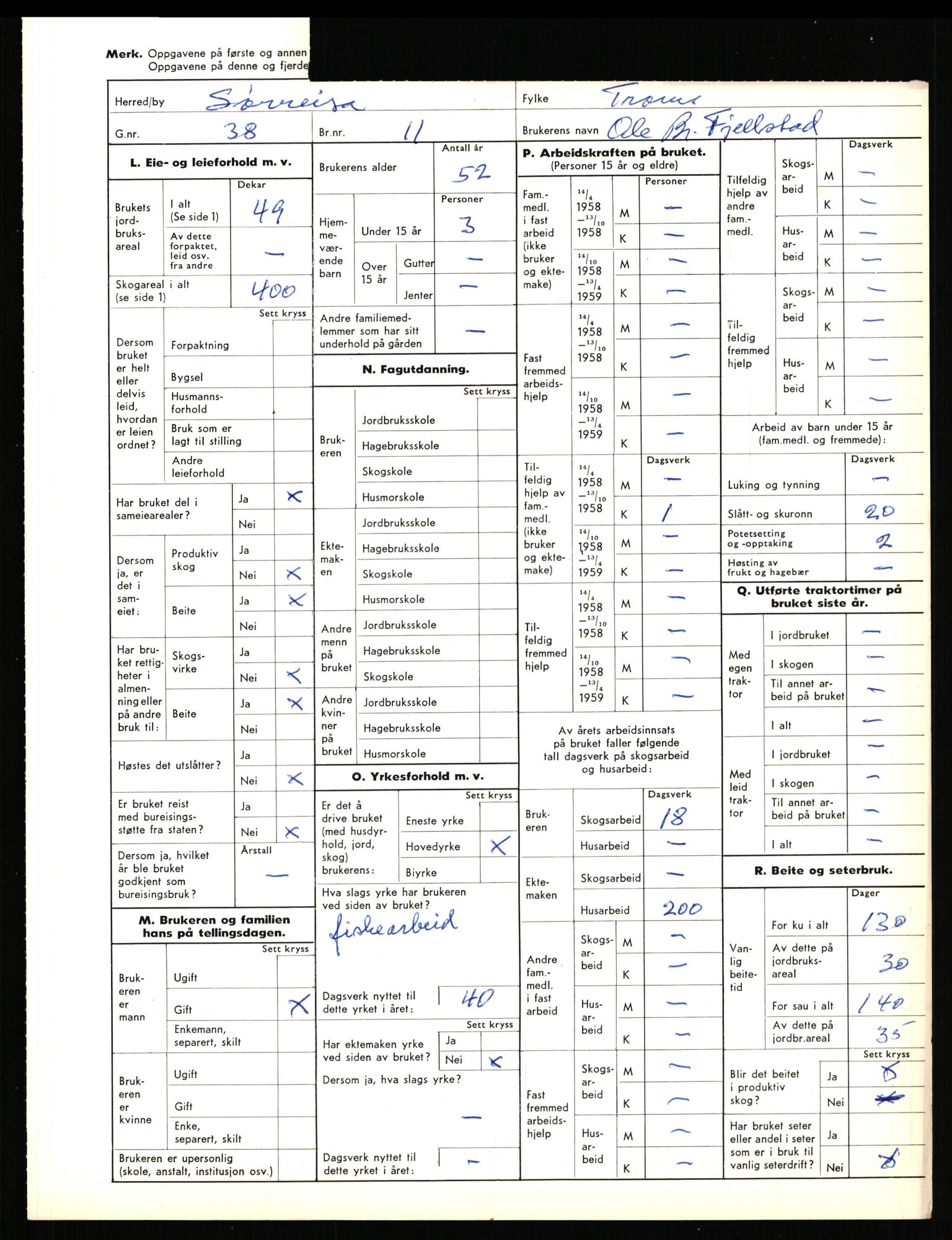 Statistisk sentralbyrå, Næringsøkonomiske emner, Jordbruk, skogbruk, jakt, fiske og fangst, AV/RA-S-2234/G/Gd/L0656: Troms: 1924 Målselv (kl. 0-3) og 1925 Sørreisa, 1959, s. 1736