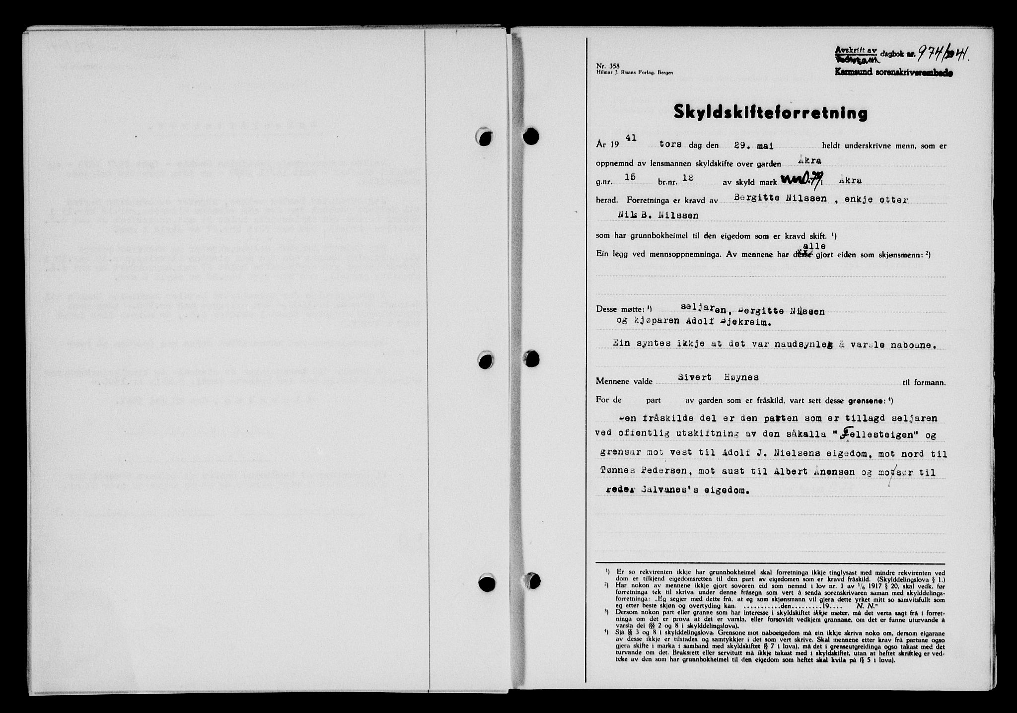 Karmsund sorenskriveri, SAST/A-100311/01/II/IIB/L0075: Pantebok nr. 56A, 1941-1941, Dagboknr: 974/1941