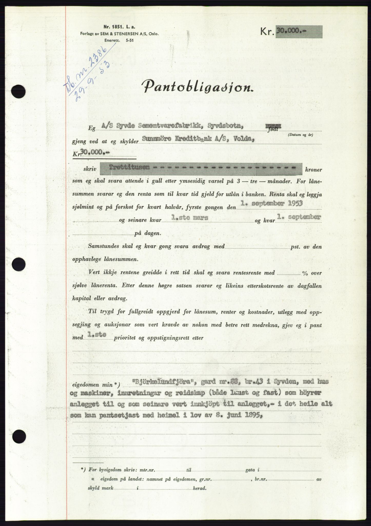 Søre Sunnmøre sorenskriveri, AV/SAT-A-4122/1/2/2C/L0124: Pantebok nr. 12B, 1953-1954, Dagboknr: 2386/1953