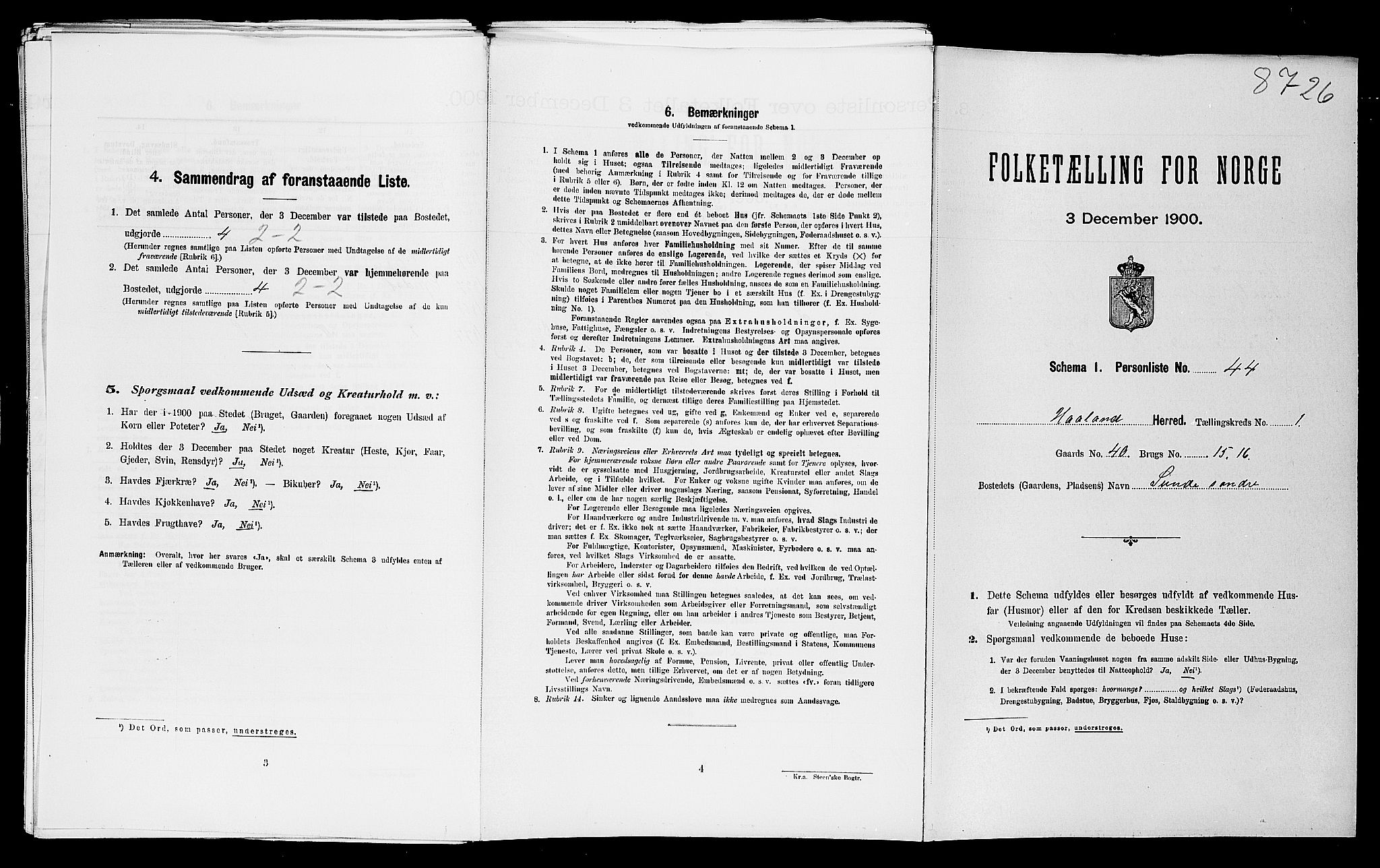 SAST, Folketelling 1900 for 1124 Haaland herred, 1900, s. 186