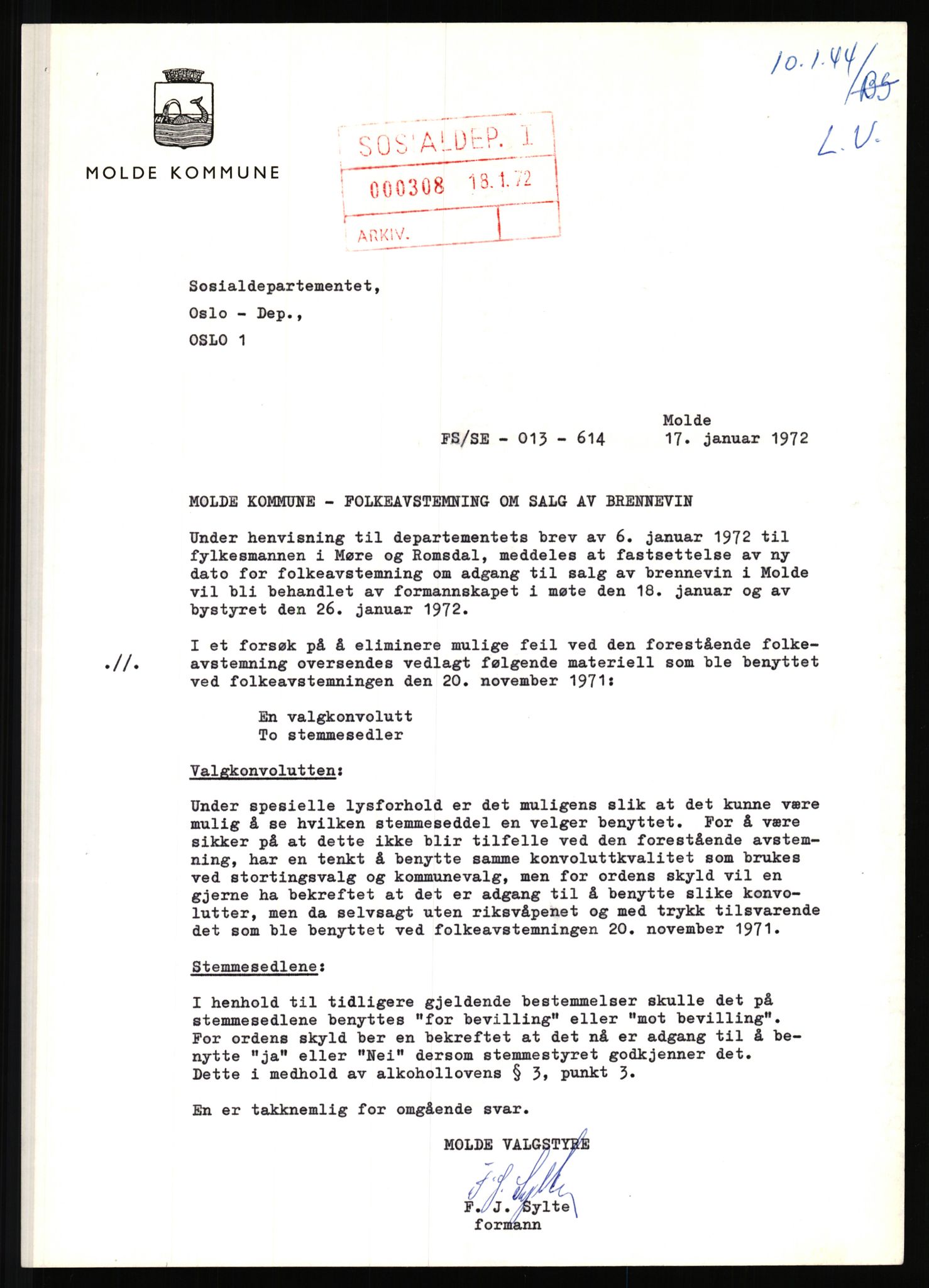 Sosialdepartementet, 2. sosialkontor D (1948-1975), AV/RA-S-3455/D/Da/L0116/0002: -- / Brennevinsavstemning i Molde kommune, 1970-1972, s. 5