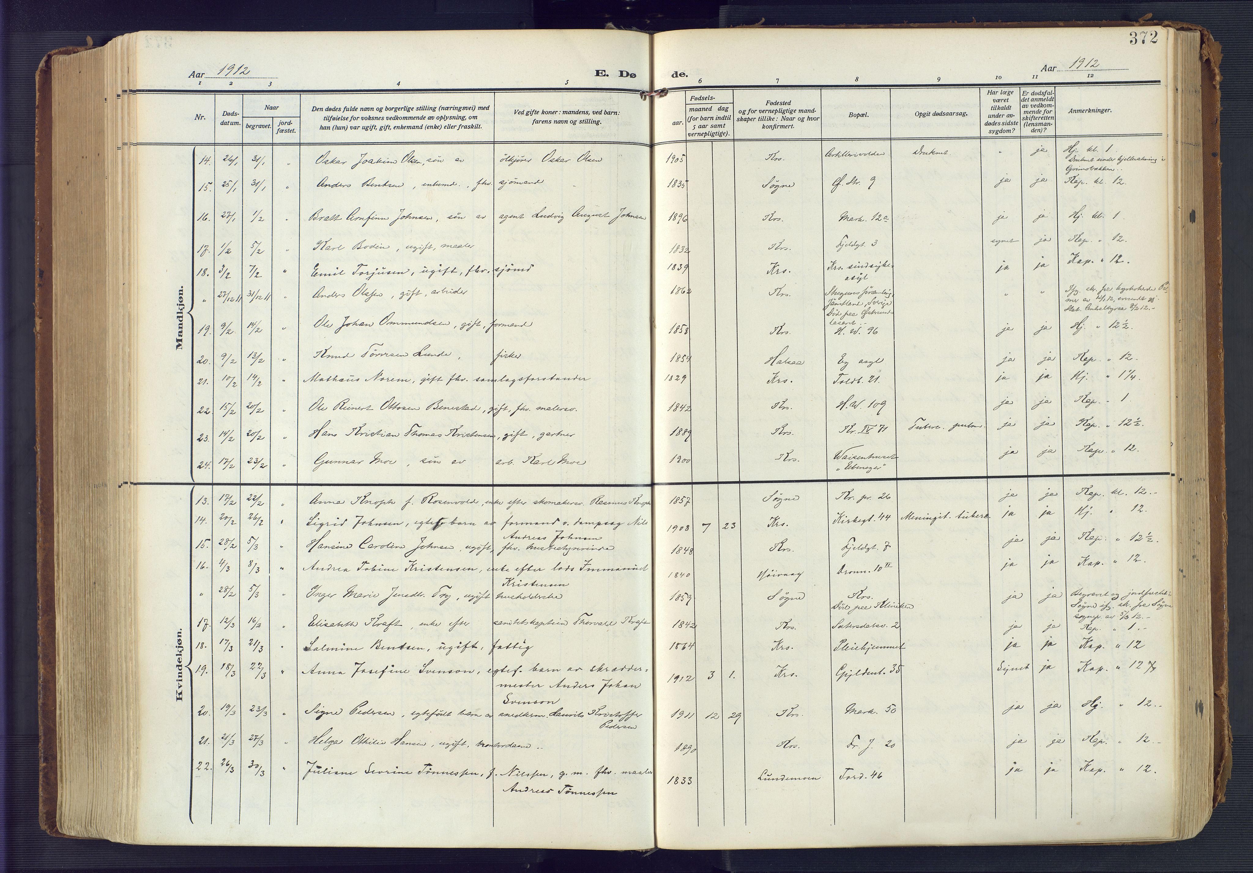 Kristiansand domprosti, AV/SAK-1112-0006/F/Fa/L0023: Ministerialbok nr. A 22, 1909-1917, s. 372
