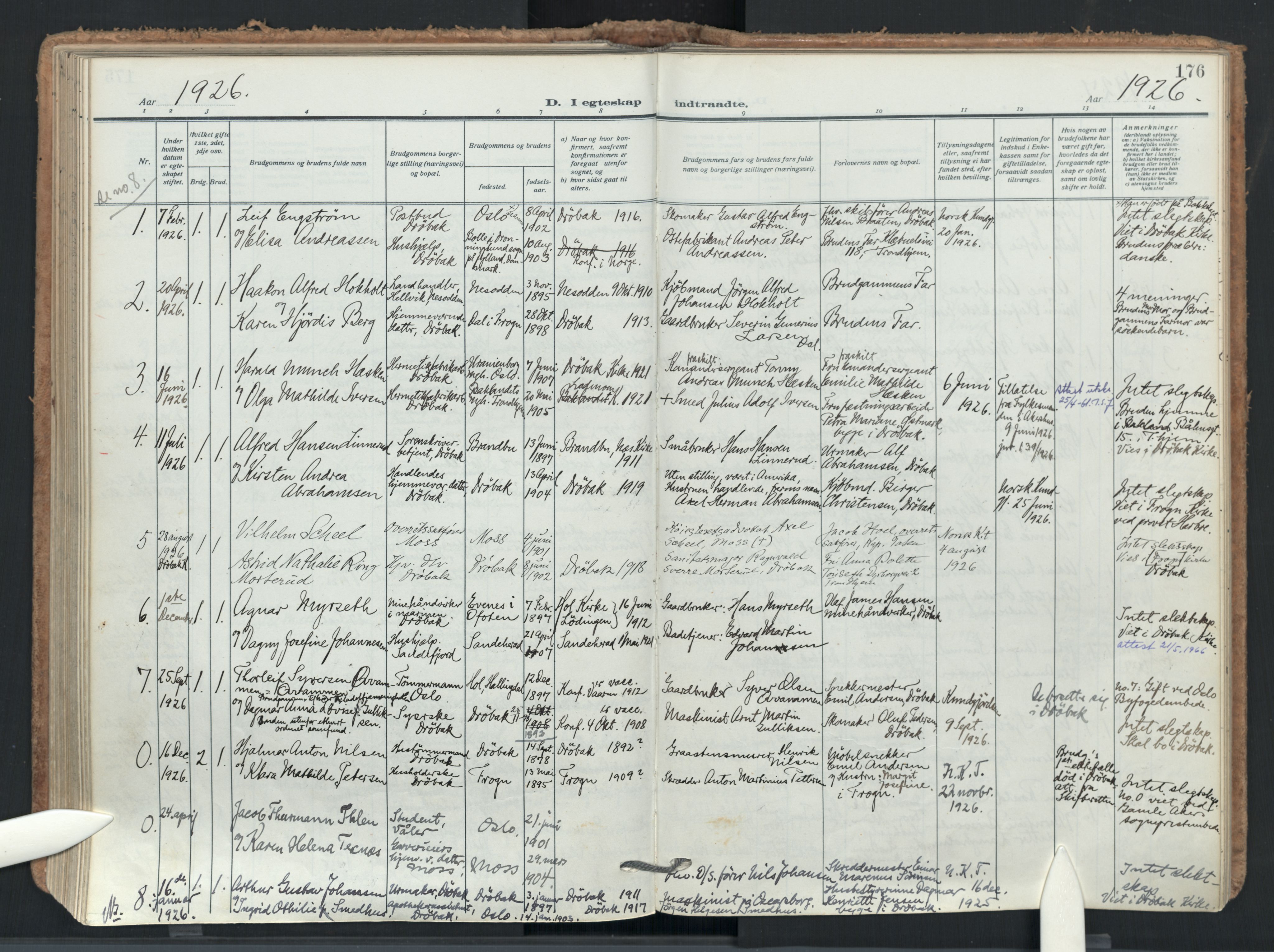Drøbak prestekontor Kirkebøker, AV/SAO-A-10142a/F/Fb/L0004: Ministerialbok nr. II 4, 1918-1933, s. 176