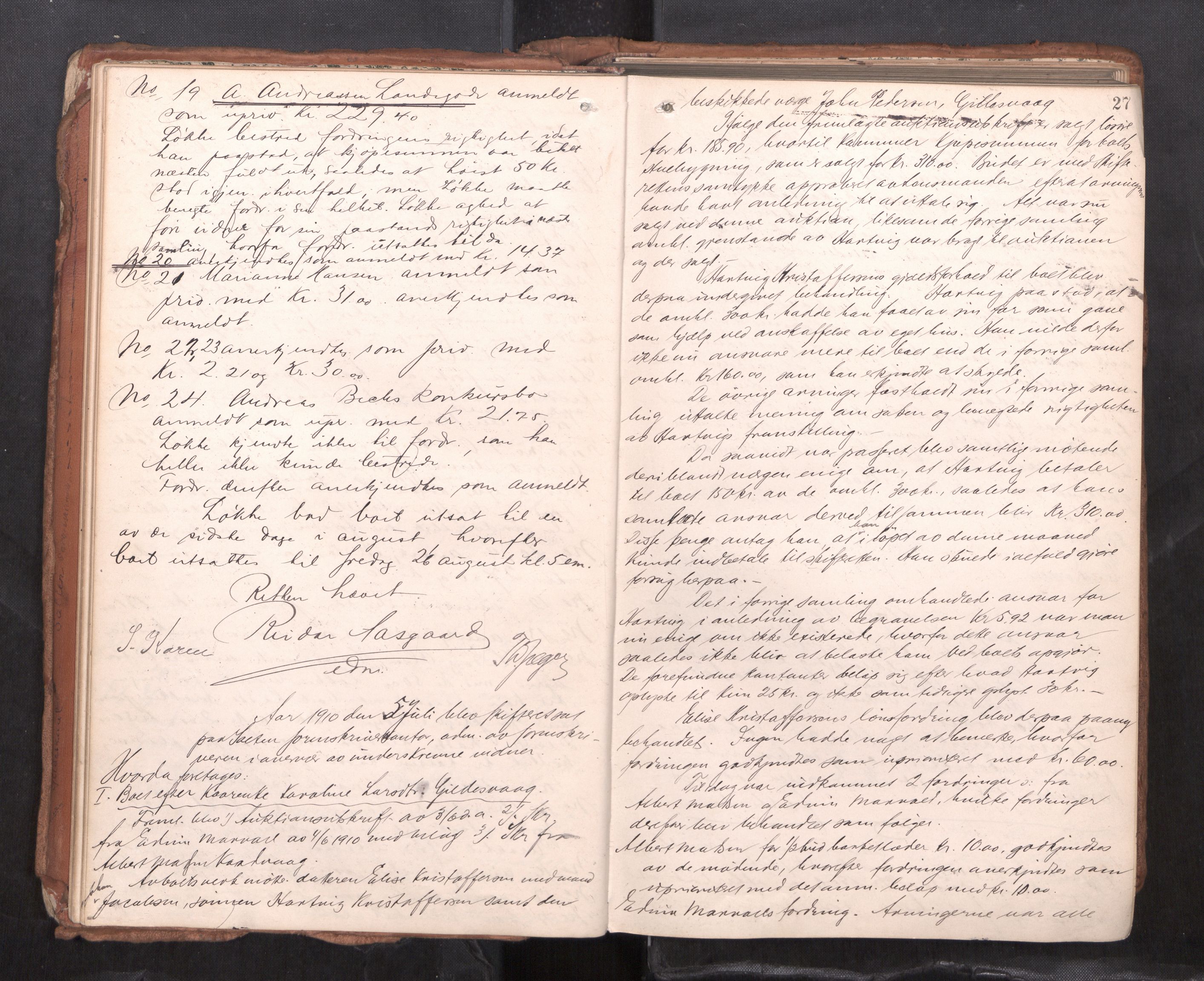 Salten sorenskriveri, AV/SAT-A-4578/1/3/3B/L0012: Skiftebehandlingsprotokoll, 1910-1915, s. 27